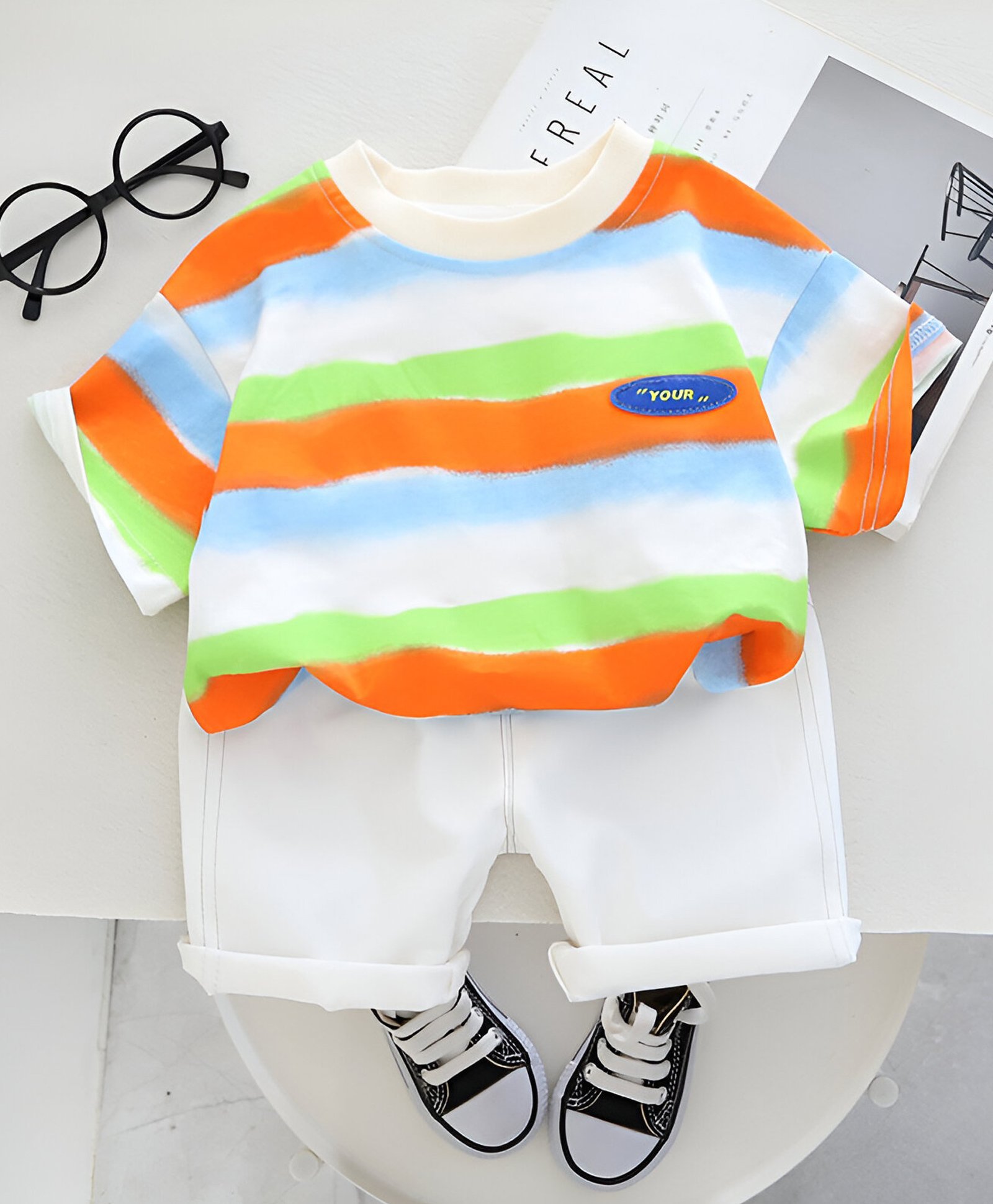 Googo Gaaga Cotton Half Sleeves Striped Tee With Shorts Set - White & Orange-image-49