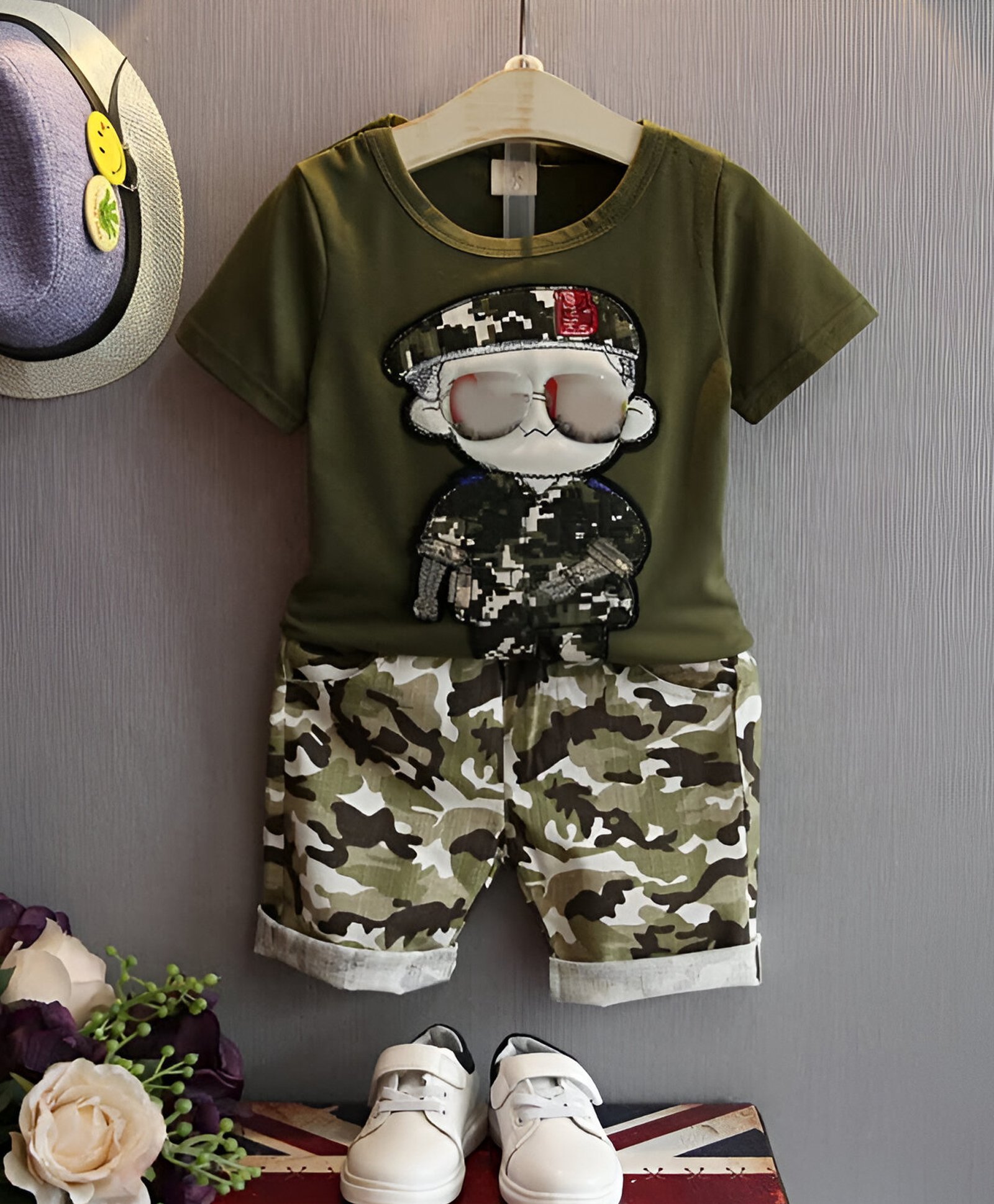 Googo Gaaga Cotton Half Sleeves Army Officer Patch Detailed Tee & Camouflage Printed Shorts Set - Green-image-3