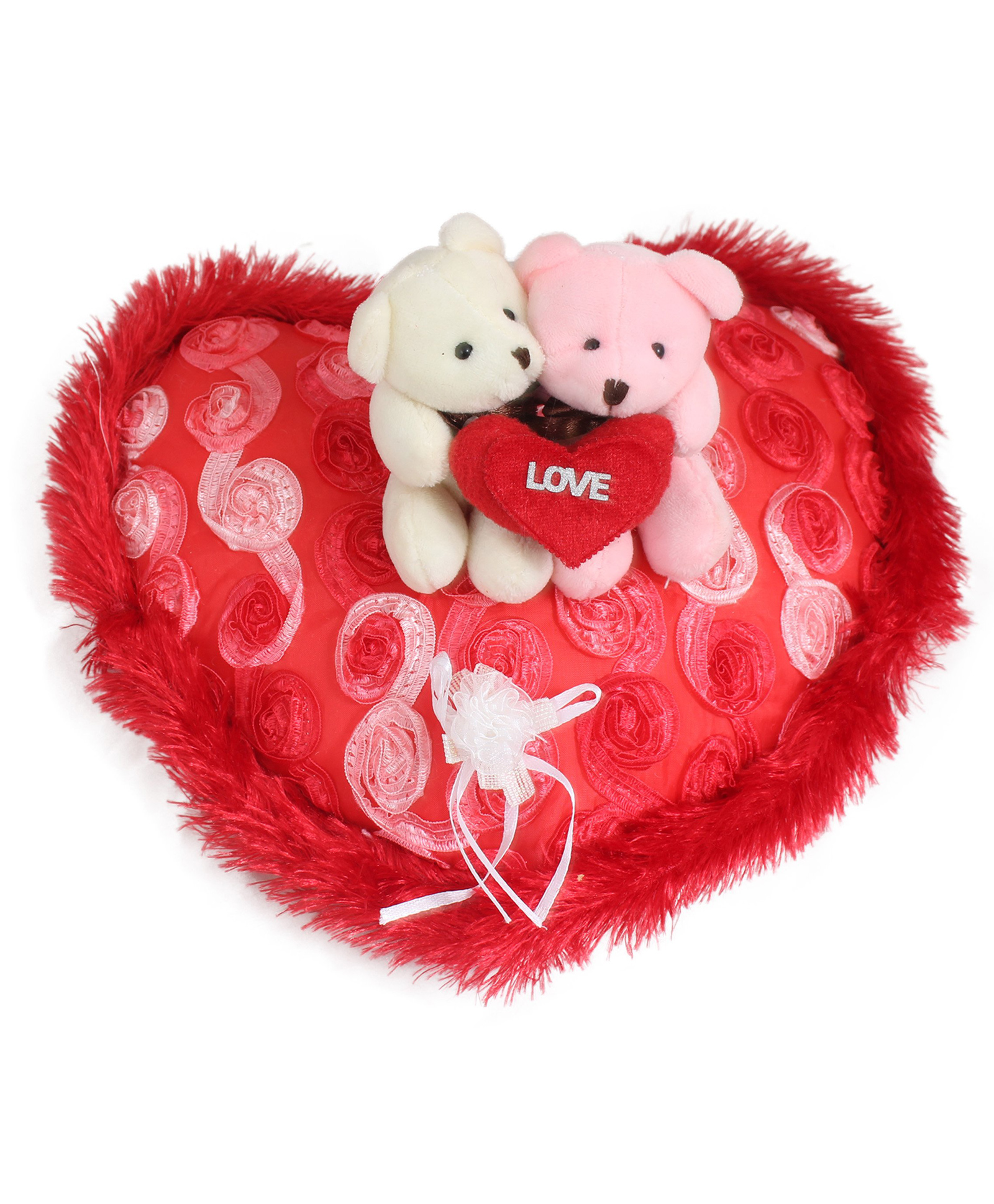 Tickles Loving Couple Teddy Sitting on Beautiful Heart Soft Stuffed Plush Cushion Special Valentine Day Gift (Color: Red Size: 25 cm)-image-2