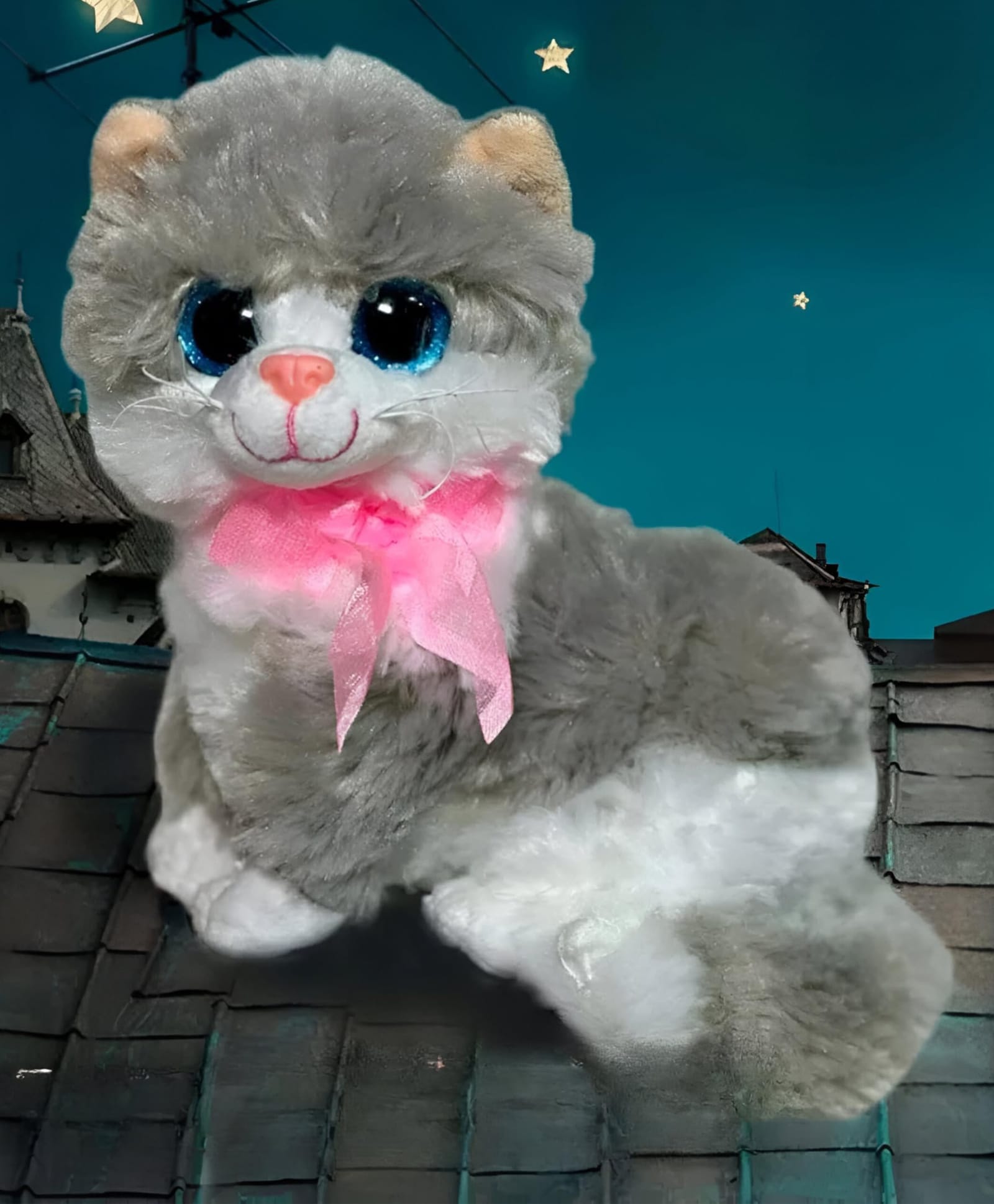 Tickles Grey Cute Little Kitten Glitter Eye Soft Toy Soft Stuffed Plush Animal Toy for Kids Grey & White - Height 28 cm-image-48