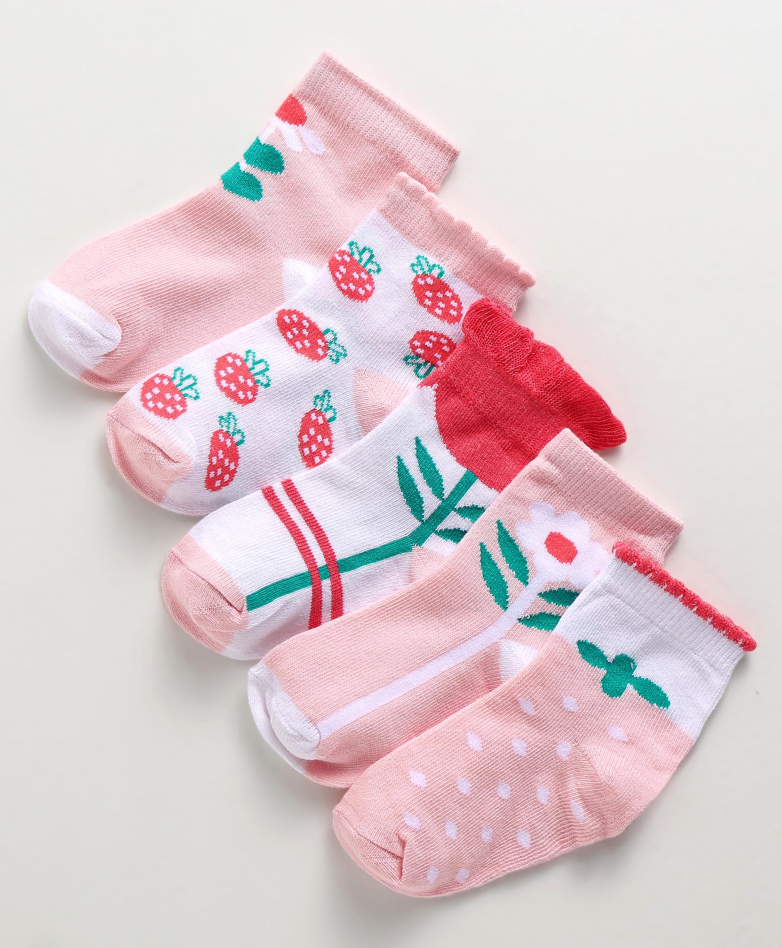 Doodle Poodle Cotton Knit Ankle Length Socks with Floral Design Pack of 5 - Bright White & Pink-picture-30