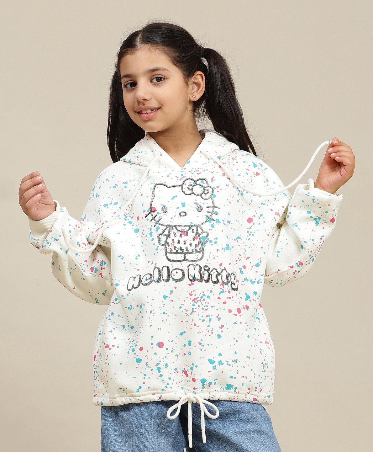 Kidsville Hello Kitty Featuring Full Sleeves Kitty Printed Hoodie - Off White-picture-5
