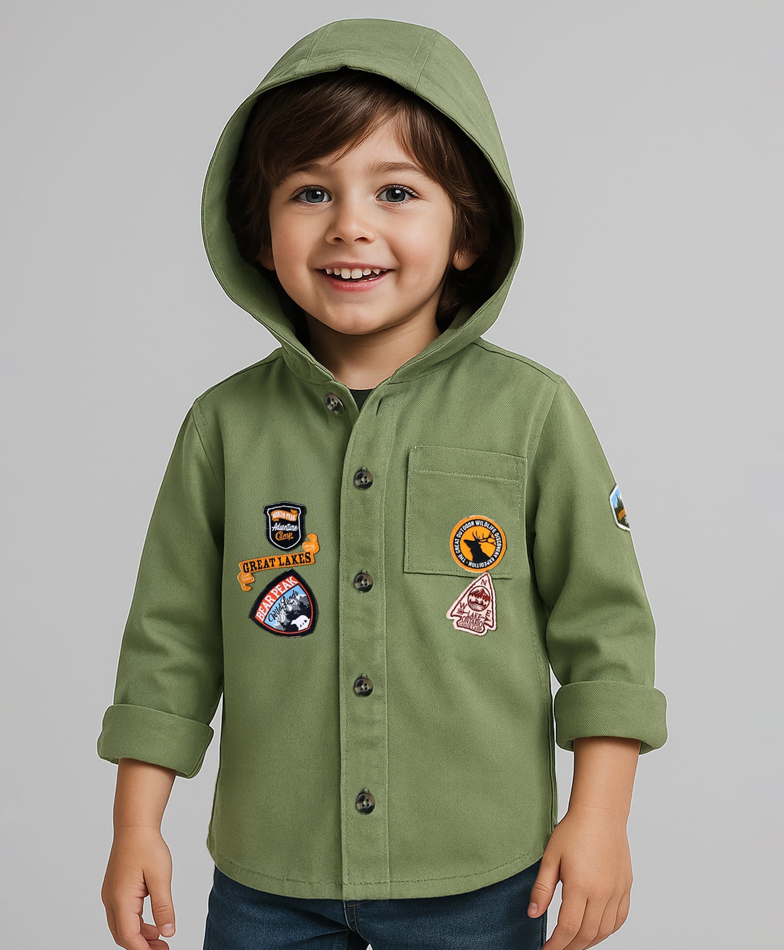 Babyhug Cotton Woven Full Sleeves Hooded Shirt with Text Patch - Olive Green-image-41