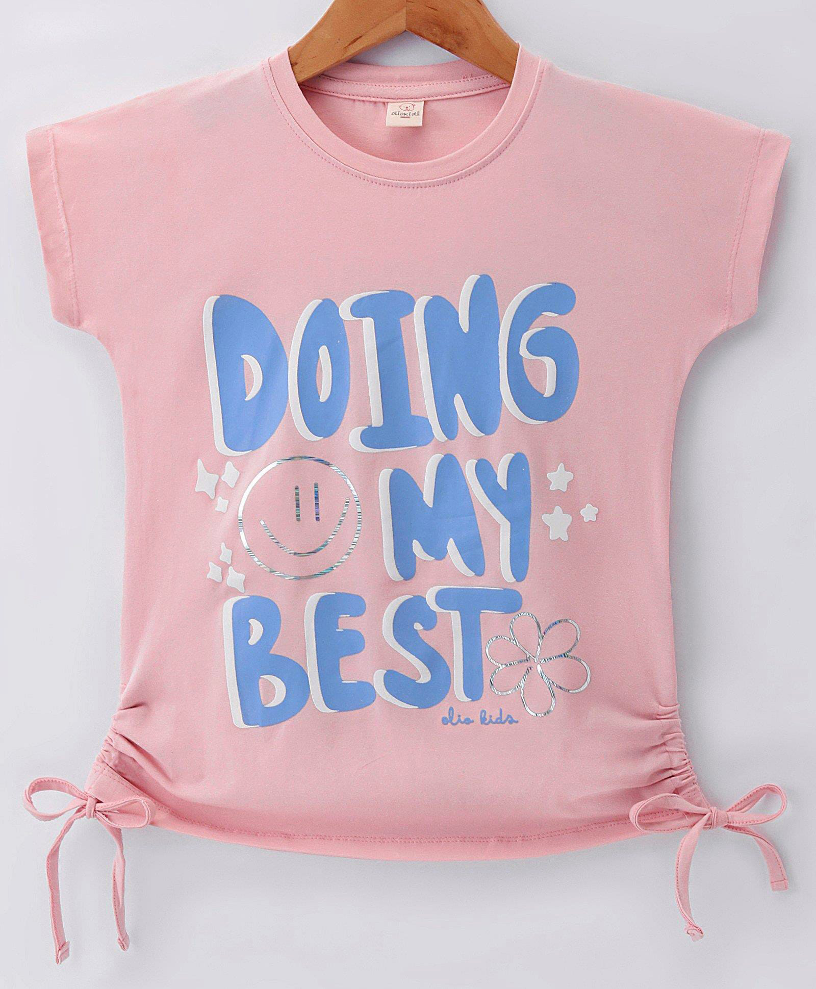 Olio Kids Cotton Knit Half Sleeves Top with Text Print - Peach-picture-23