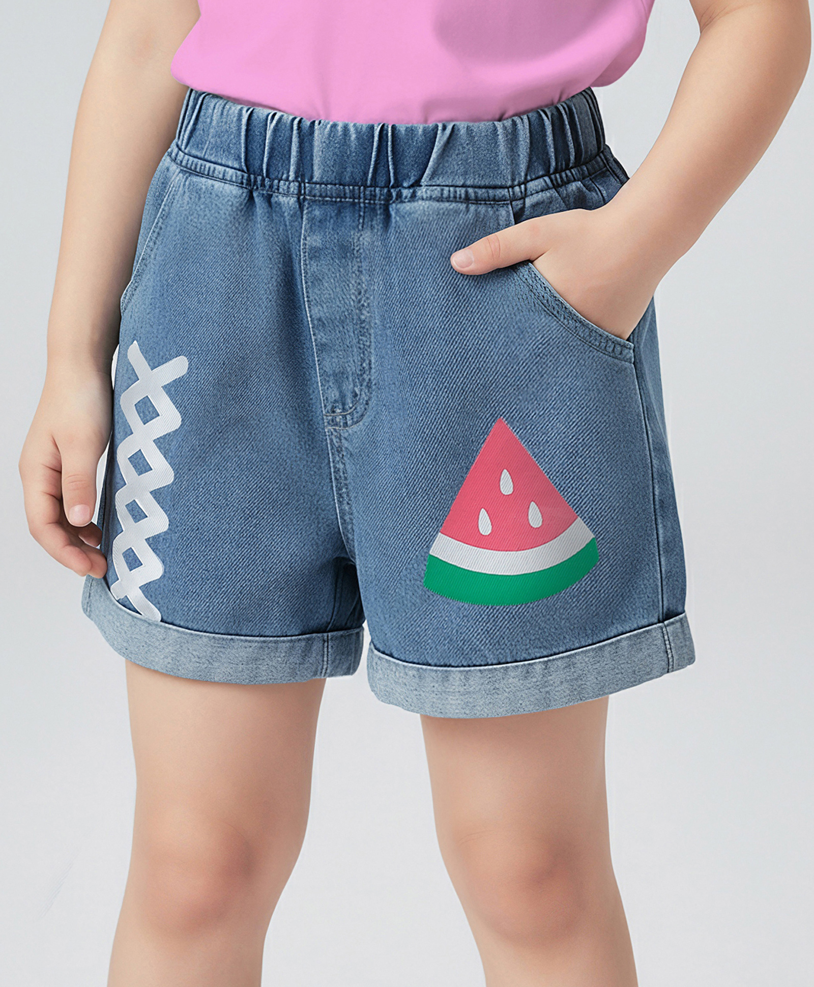 Mark & Mia Above Knee Length Washed Denim Shorts with Watermelon Print - Light Blue-picture-25