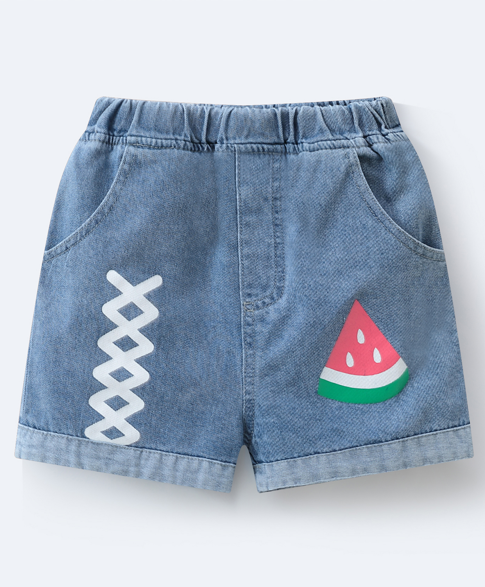 Mark & Mia Above Knee Length Washed Denim Shorts with Watermelon Print - Light Blue