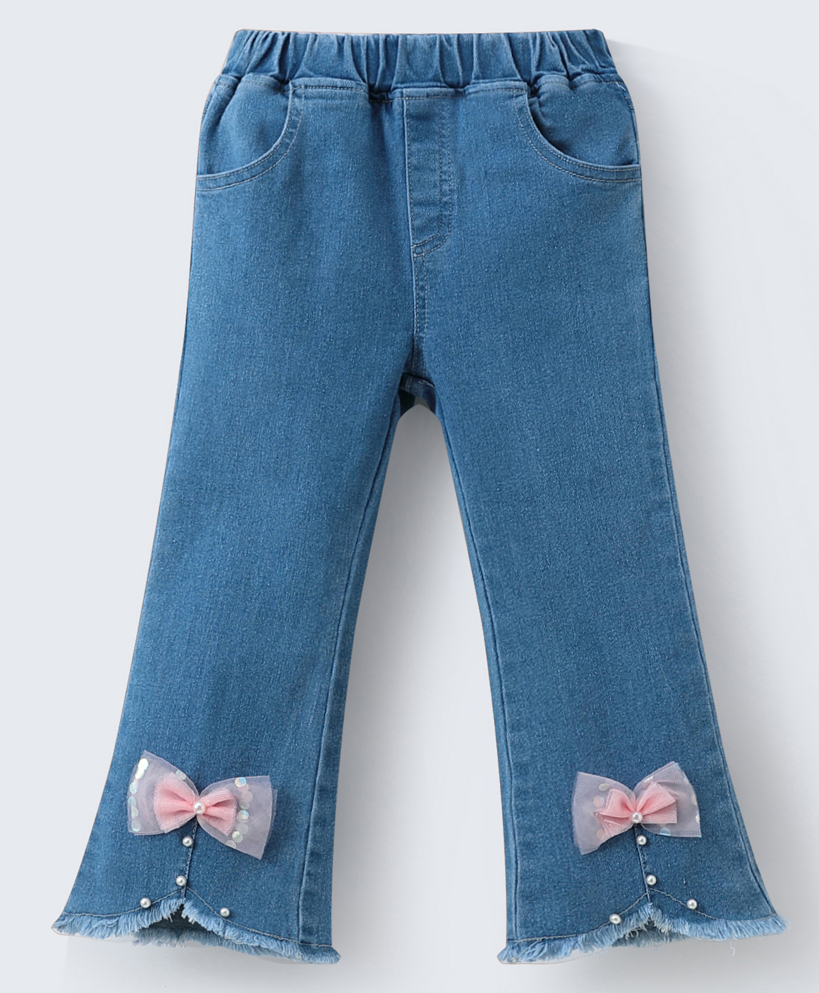 Mark & Mia Full Length Washed Bootcut Denim Jeans with Bow Applique - Blue-image-37