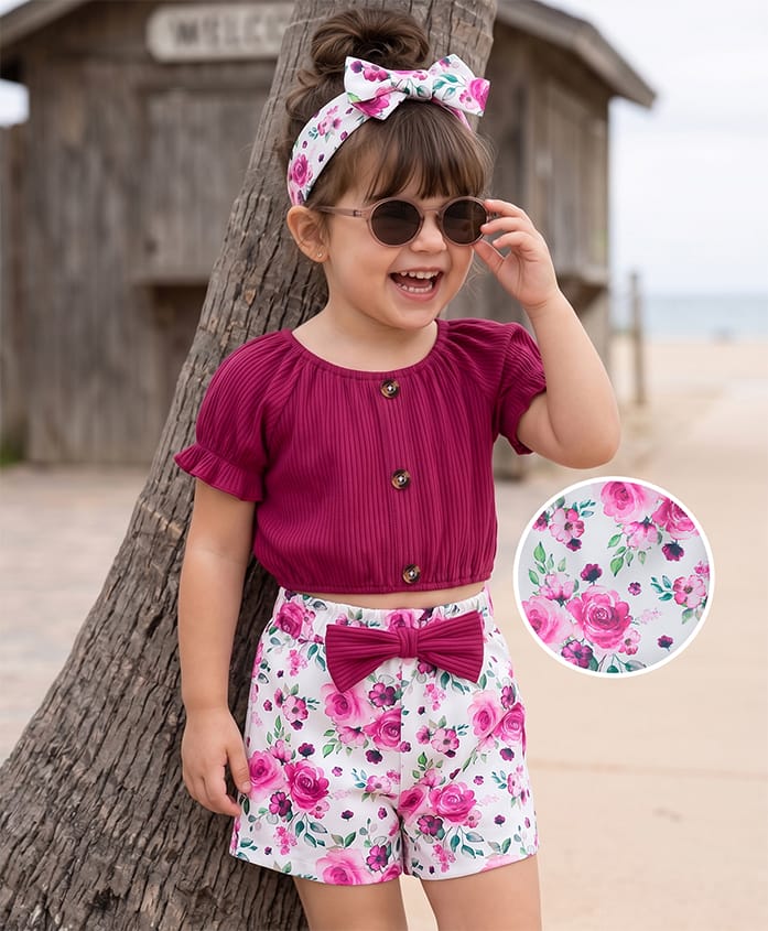Mark & Mia Half Raglan Puffed Sleeves Top & Floral Printed Shorts Set with Head Band- Dark Pink & White-image-49