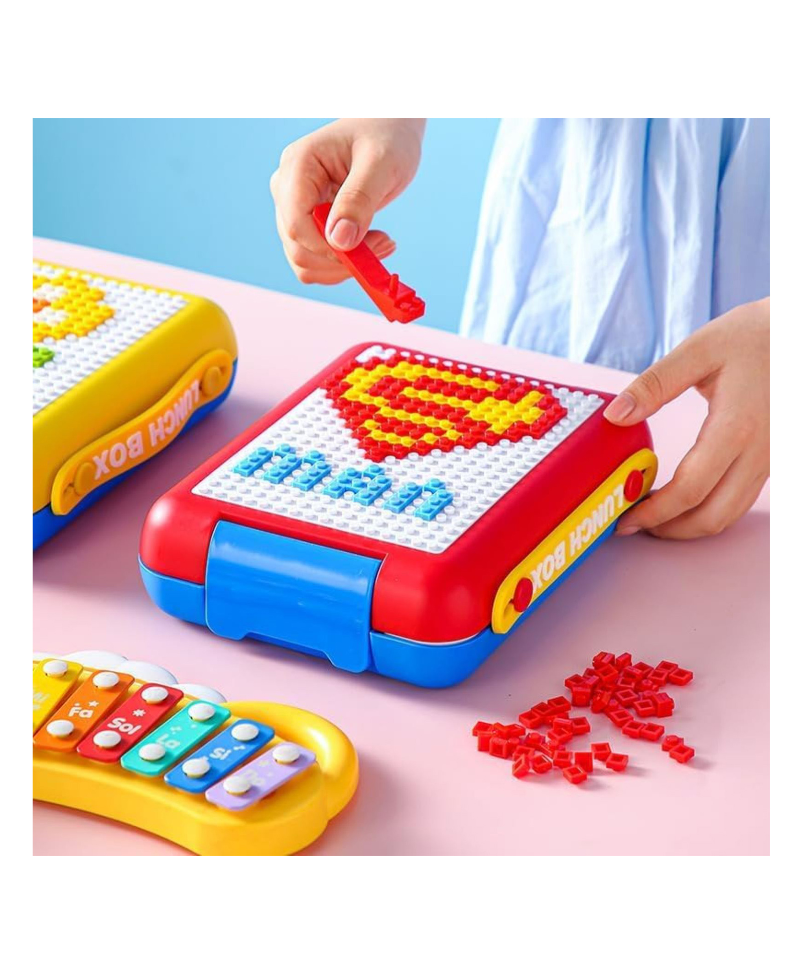 Ji and Ja Building Block Lunch Box DIY Your Own Pattern Leak Proof Bento Box 1100ml Capacity 500Pcs Bricks Easy to Open School Lunch Box (Multi)-image-10