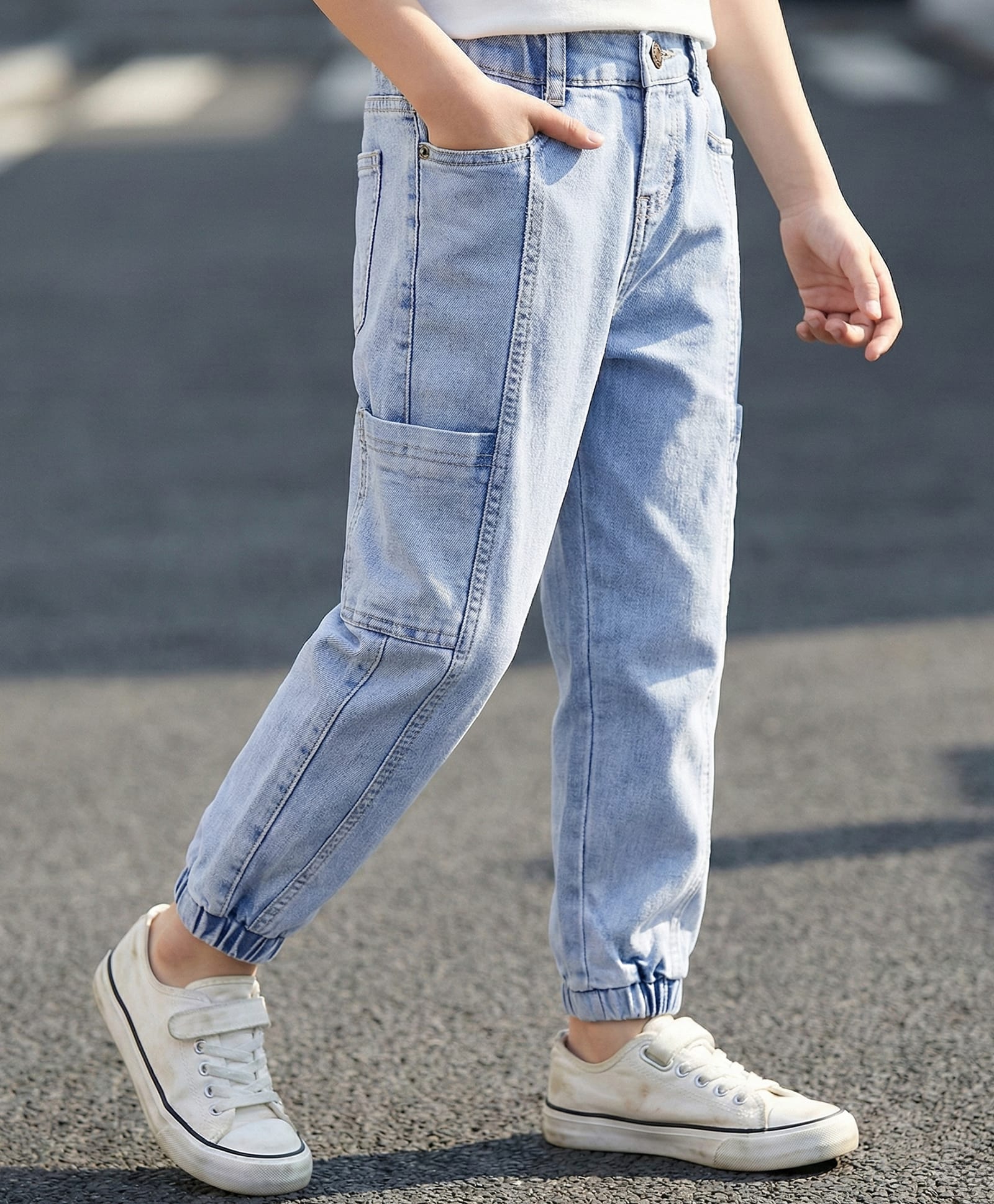 Pine Kids Denim Woven Full Length Washed Cargo Jeans with Pockets-Blue-image-7