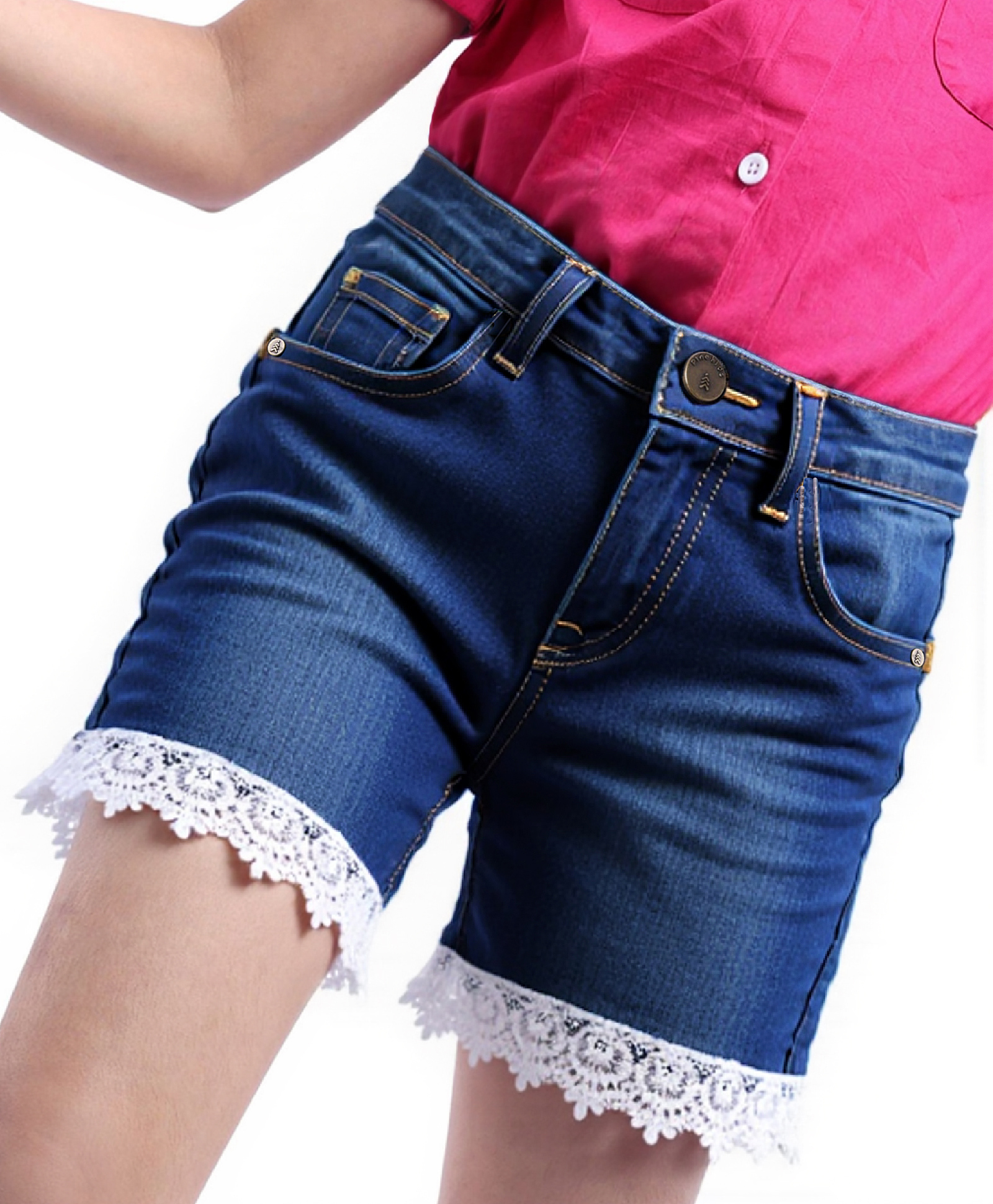 Pine Kids Mid Thigh Length Washed Denim Shorts with Lace Detailing - Blue-picture-22