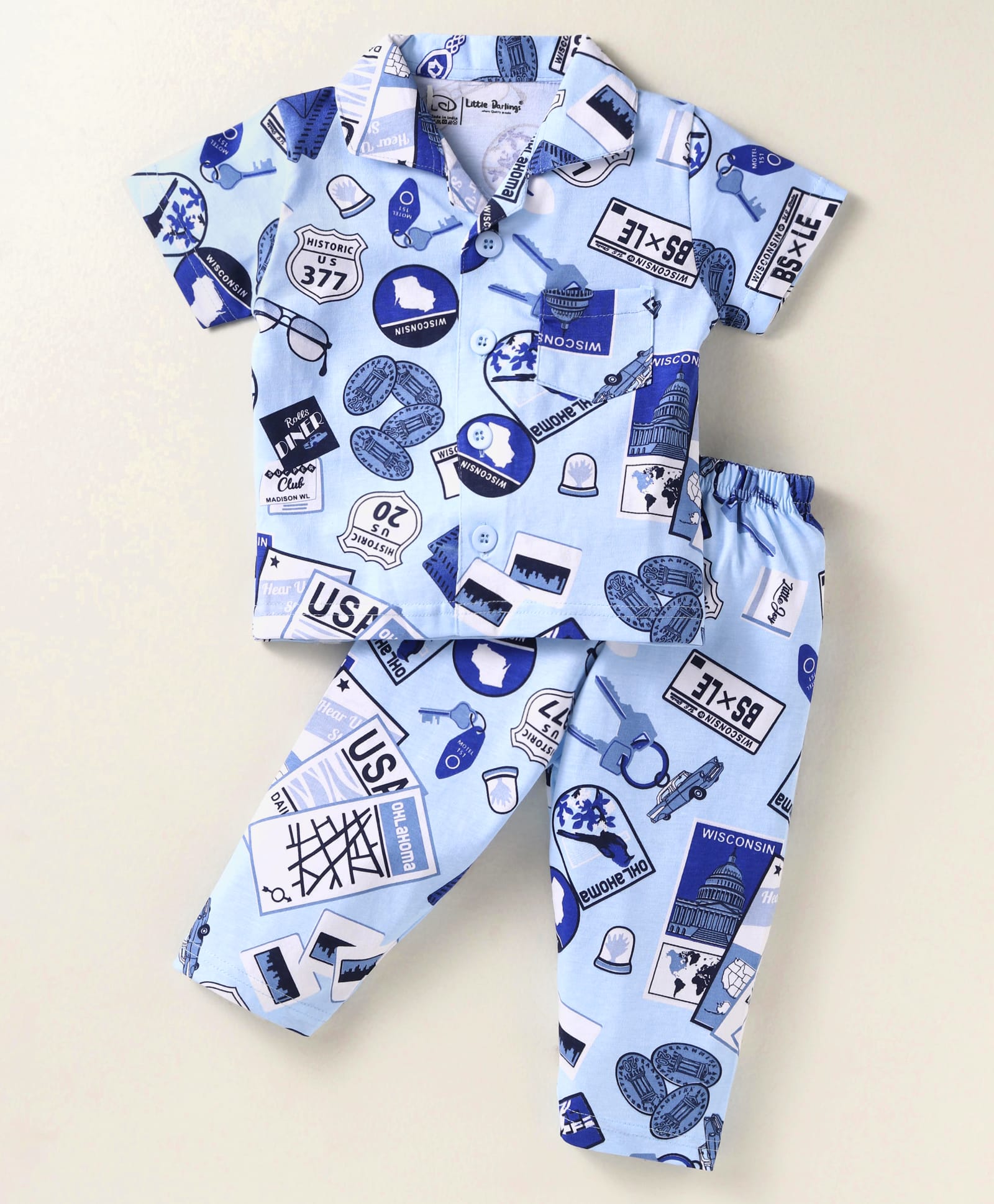 Little Darlings Sinker Knit Half Sleeves Front Open Printed Night Suit - Sky Blue-image-20