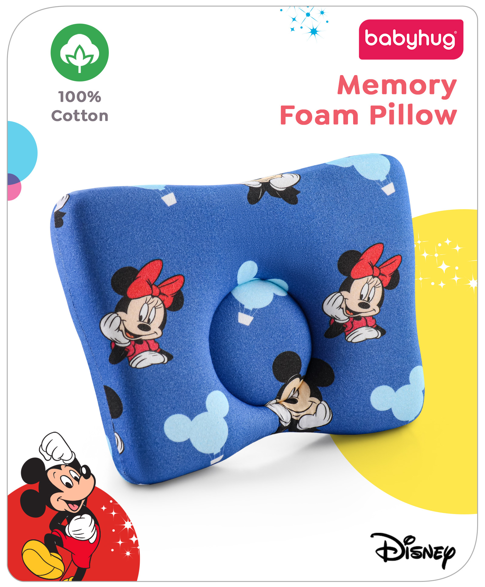 Babyhug Disney Digital Print Premium Cotton Rectangular Memory Foam Pillow Mickey Hot Air Balloon Print - Blue-image-36