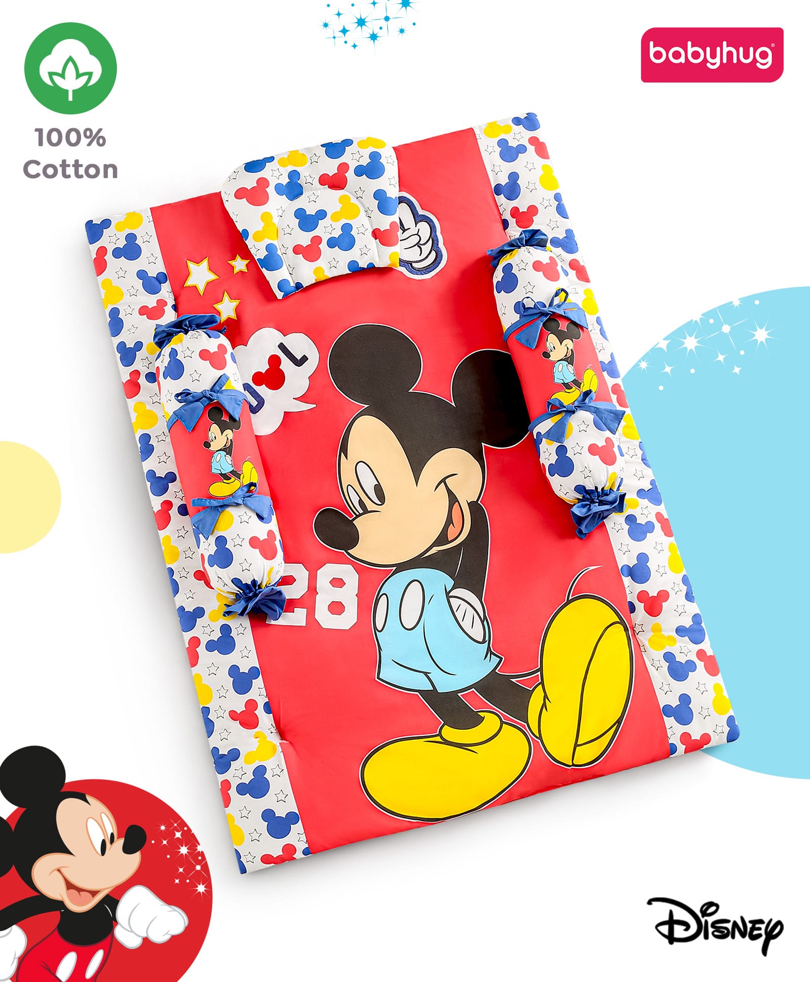 Babyhug Disney Premium Cotton Bedding Set With Bolsters and Head Pillow Cool Mickey Theme - Red-picture-21