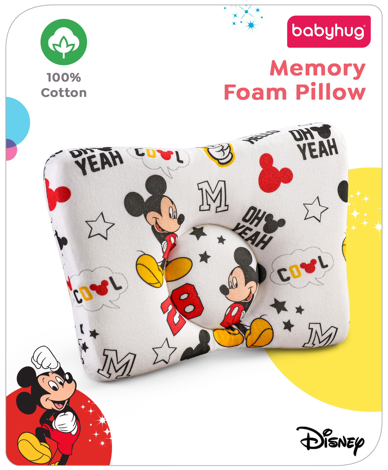 Babyhug Disney Premium Cotton Rectangular Memory Foam Pillow Cool Mickey Theme Print - Red And White-image-19