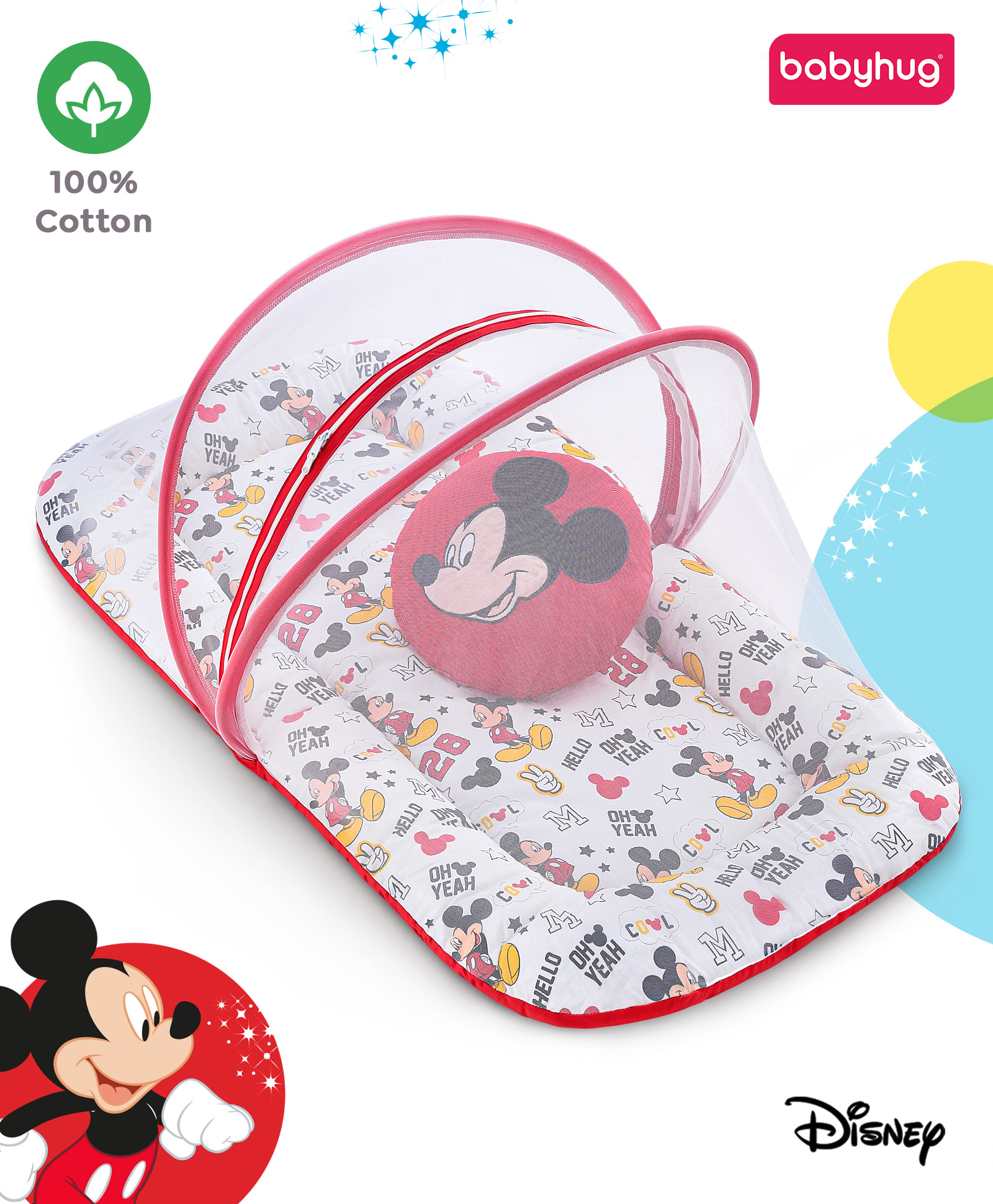 Babyhug Disney Premium Cotton Mattress Set Head Pillow & Net With Cool Mickey Theme - Red-picture-13