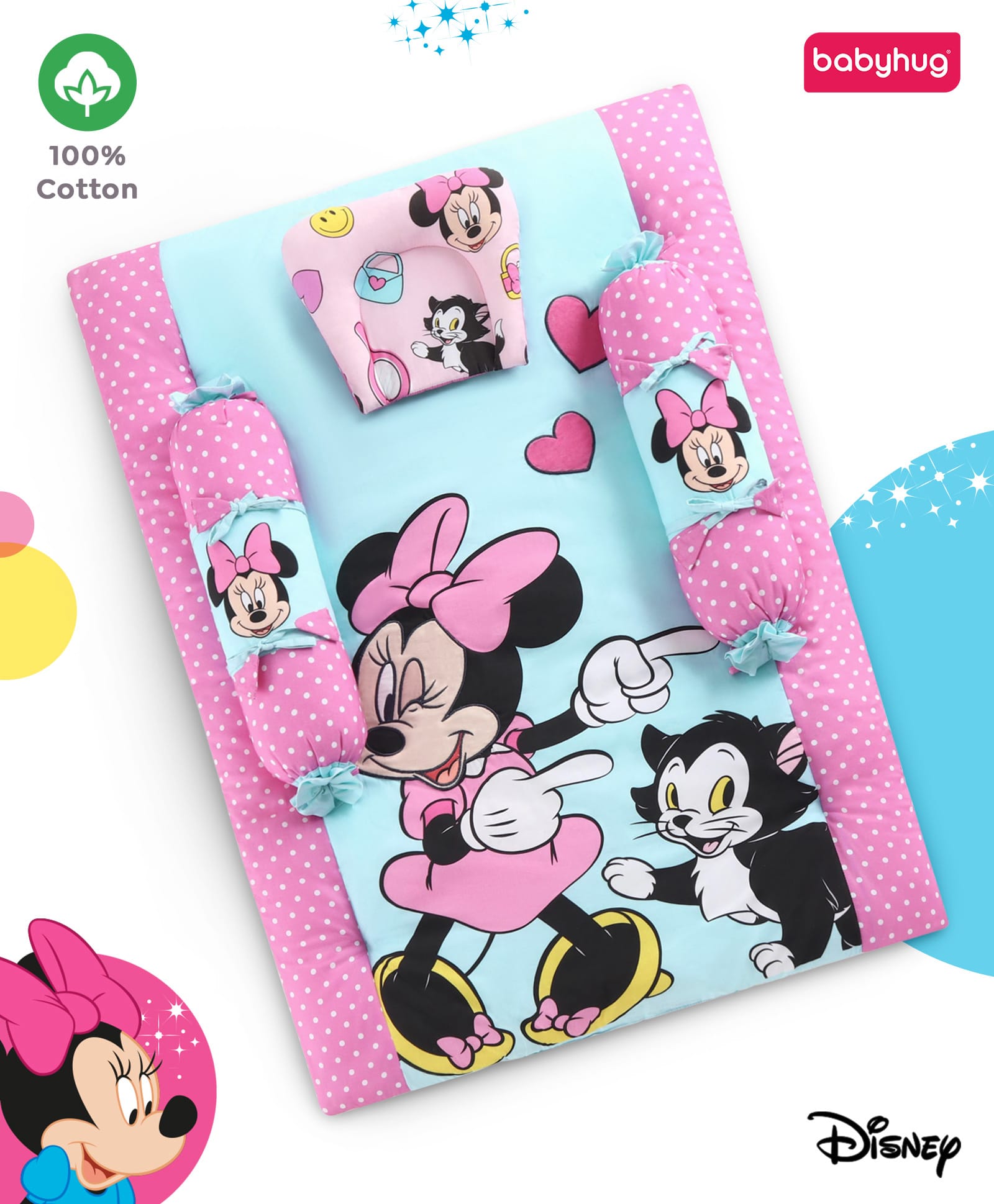 Babyhug Disney Premium Cotton Bedding Set With Bolsters and Head Pillow Minnie Mouse & Me Theme - Pink-picture-22
