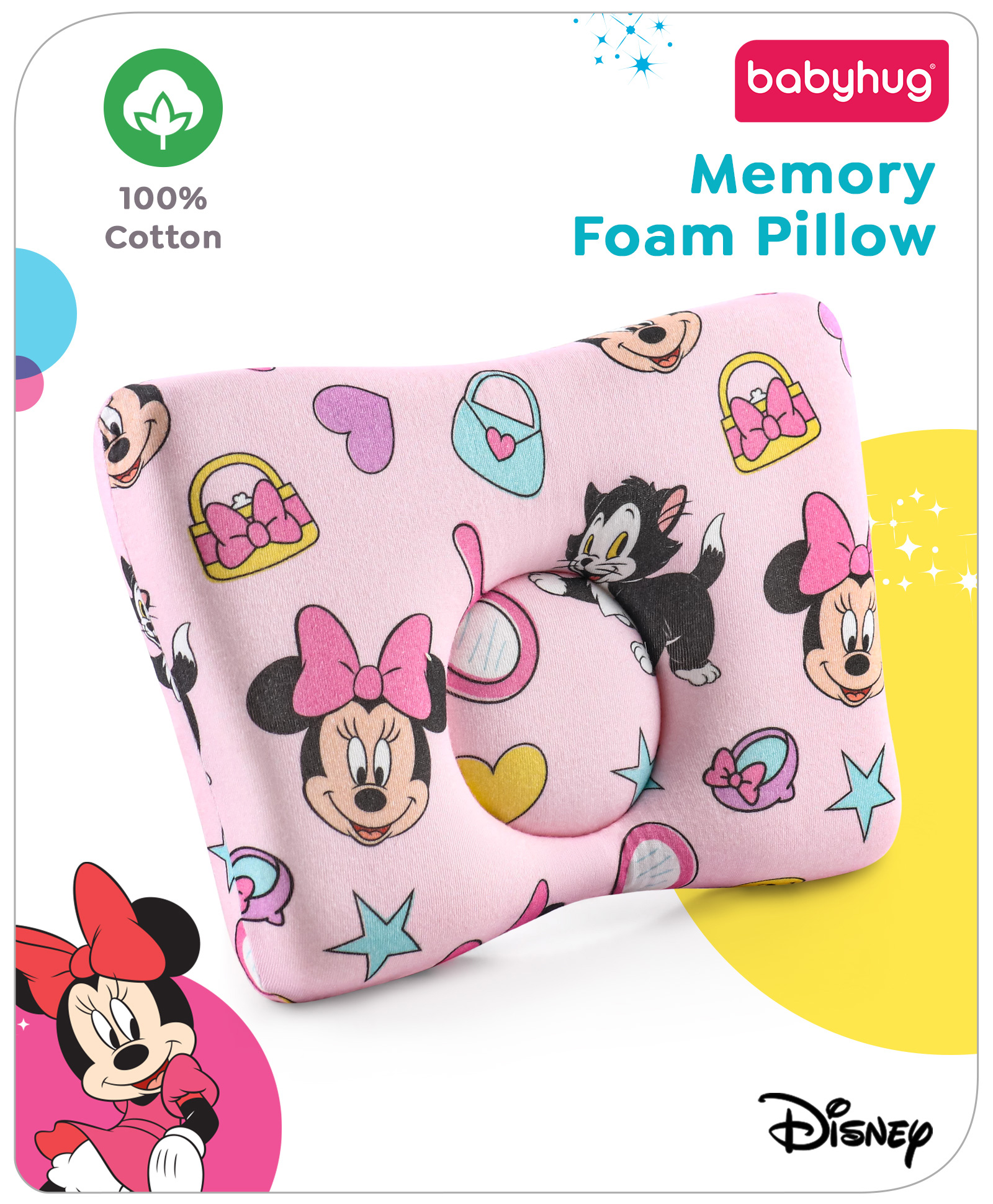 Babyhug Disney Premium Cotton Rectangular Memory Foam Pillow Minnie Mouse & Me Theme Print - Pink-image-21