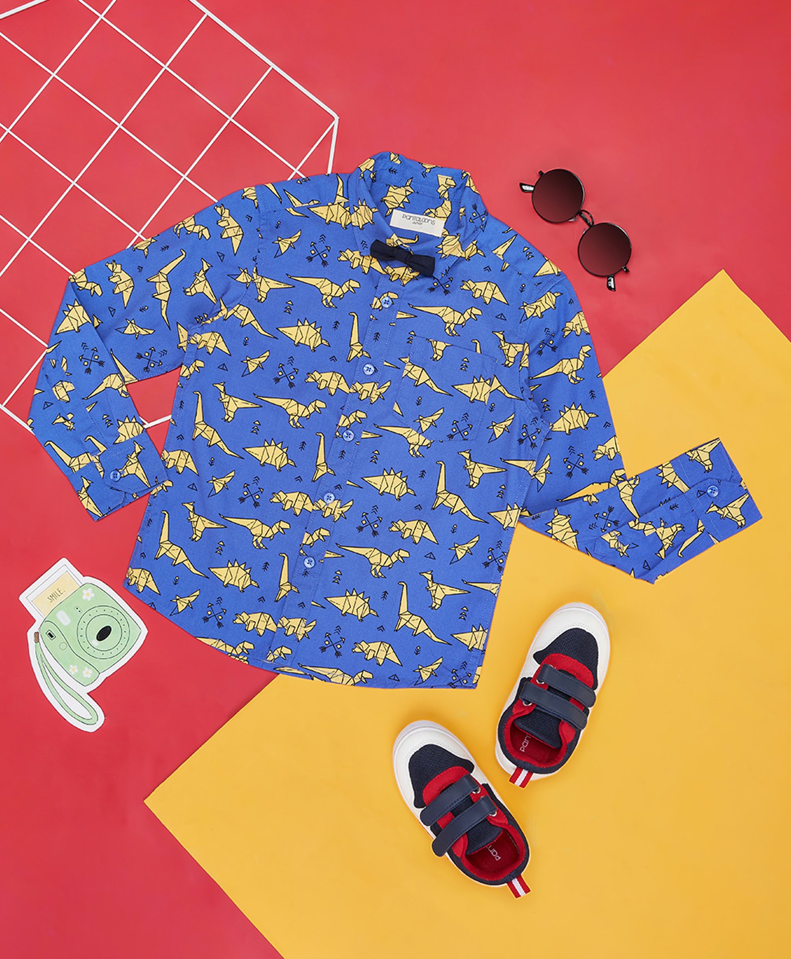 Pantaloons Junior Cotton Full Sleeves Origami Dinosaurs Printed Shirt With Bow - Blue-picture-36