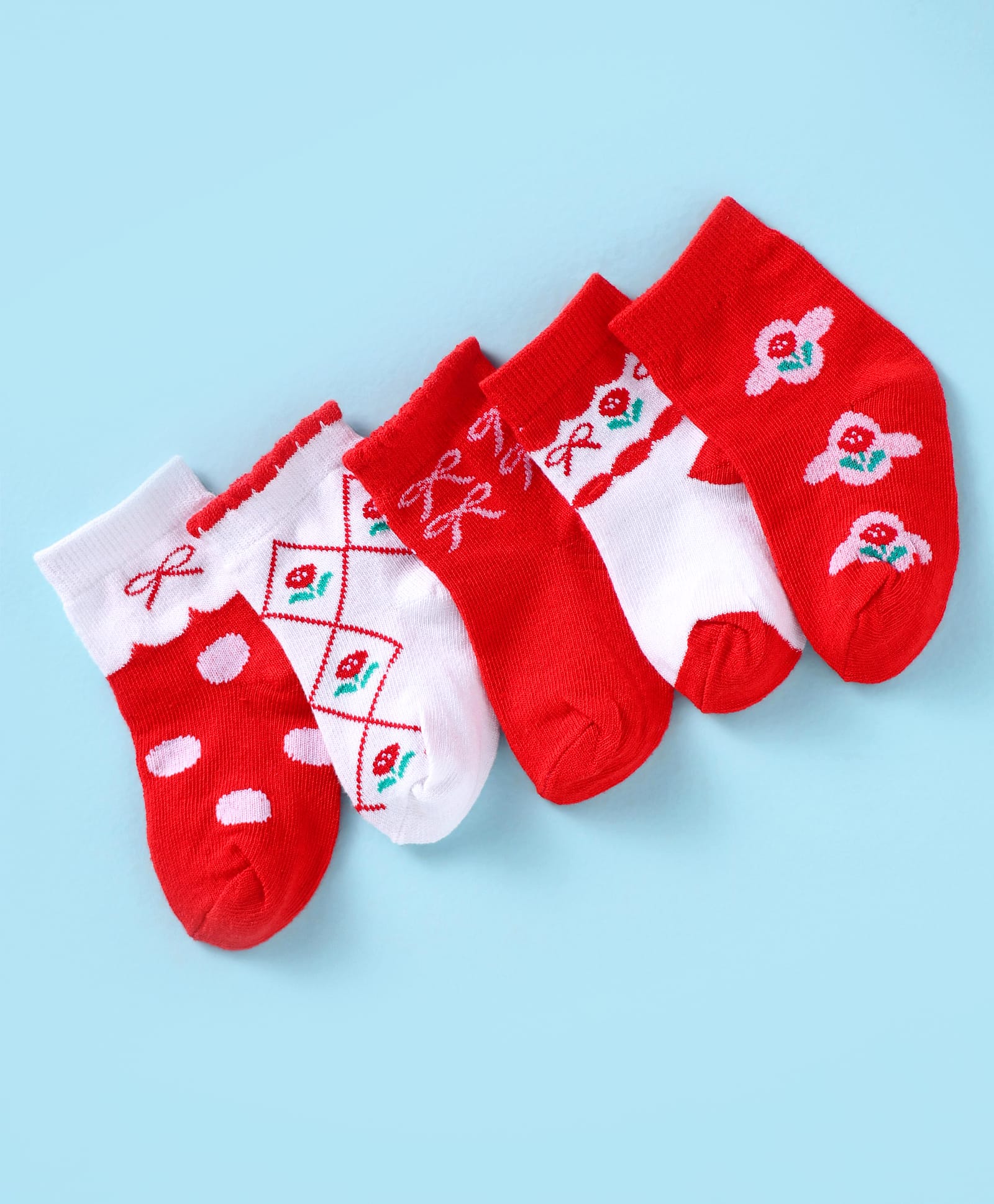 Doodle Poodle Cotton Knit Ankle Length Socks with Floral Design Pack of 5- White & Red-picture-8