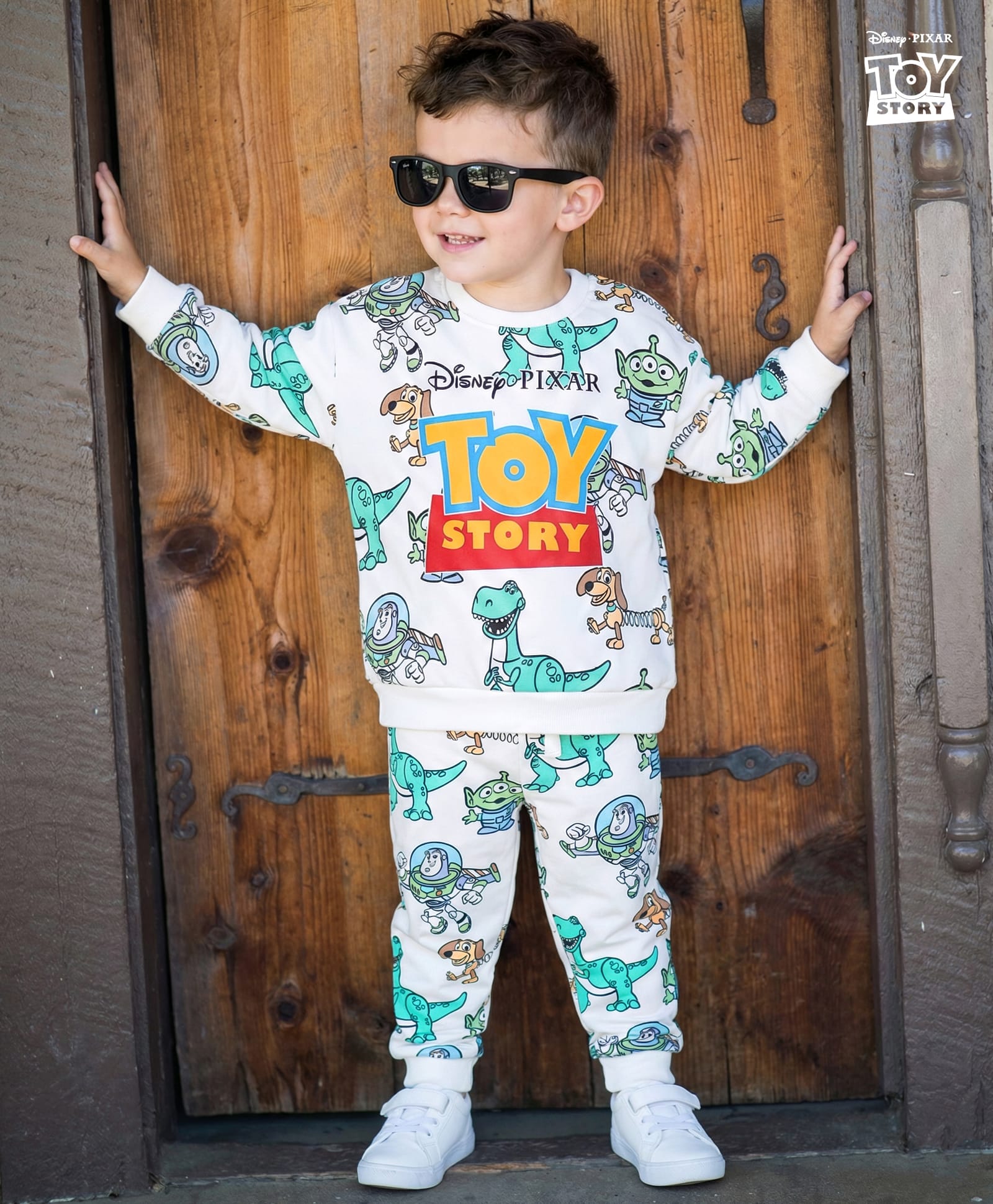 Babyhug Disney Terry Knit Drop Shoulder Sweatshirt & Lounge Pant Set With Toy Story Graphics - White & Blue-image-16
