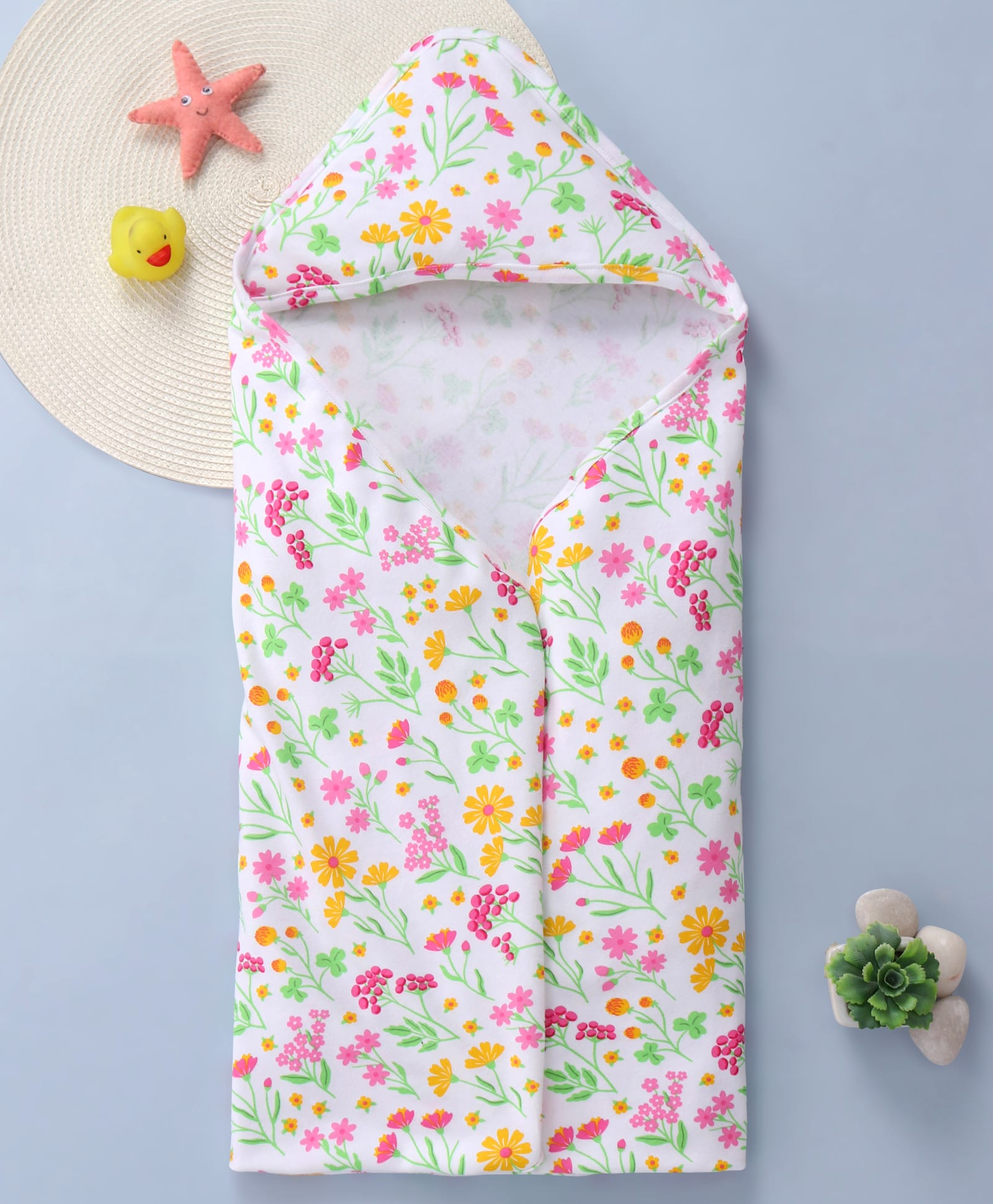 Babyhug Interlock Knit Hooded Towel With Floral Print L 30 x B 30 cm - White-image-38