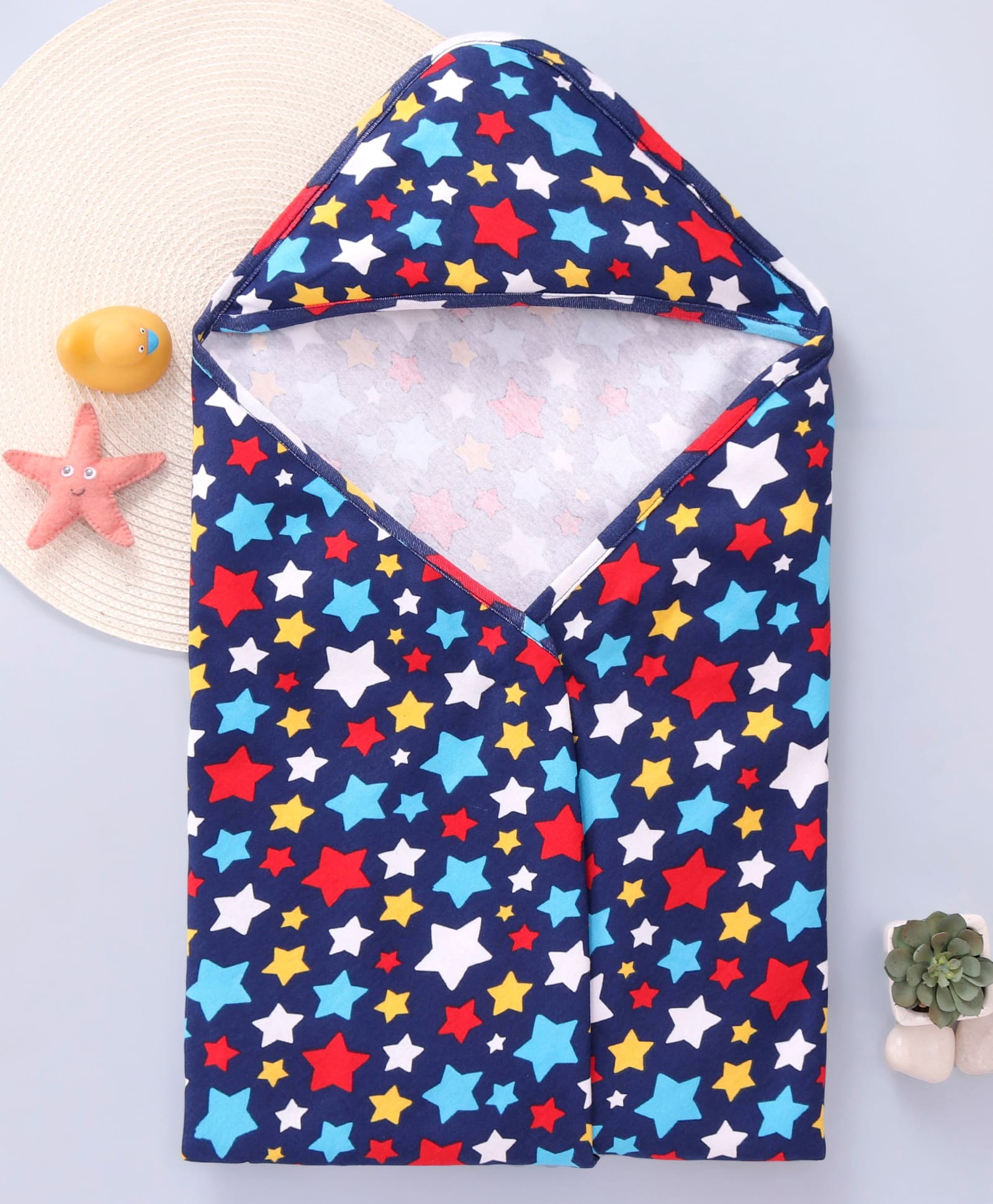 Babyhug Cotton Knit Hooded Wrapper with Star Print L 76.2 x B 76.2 cm - Navy Blue-image-36