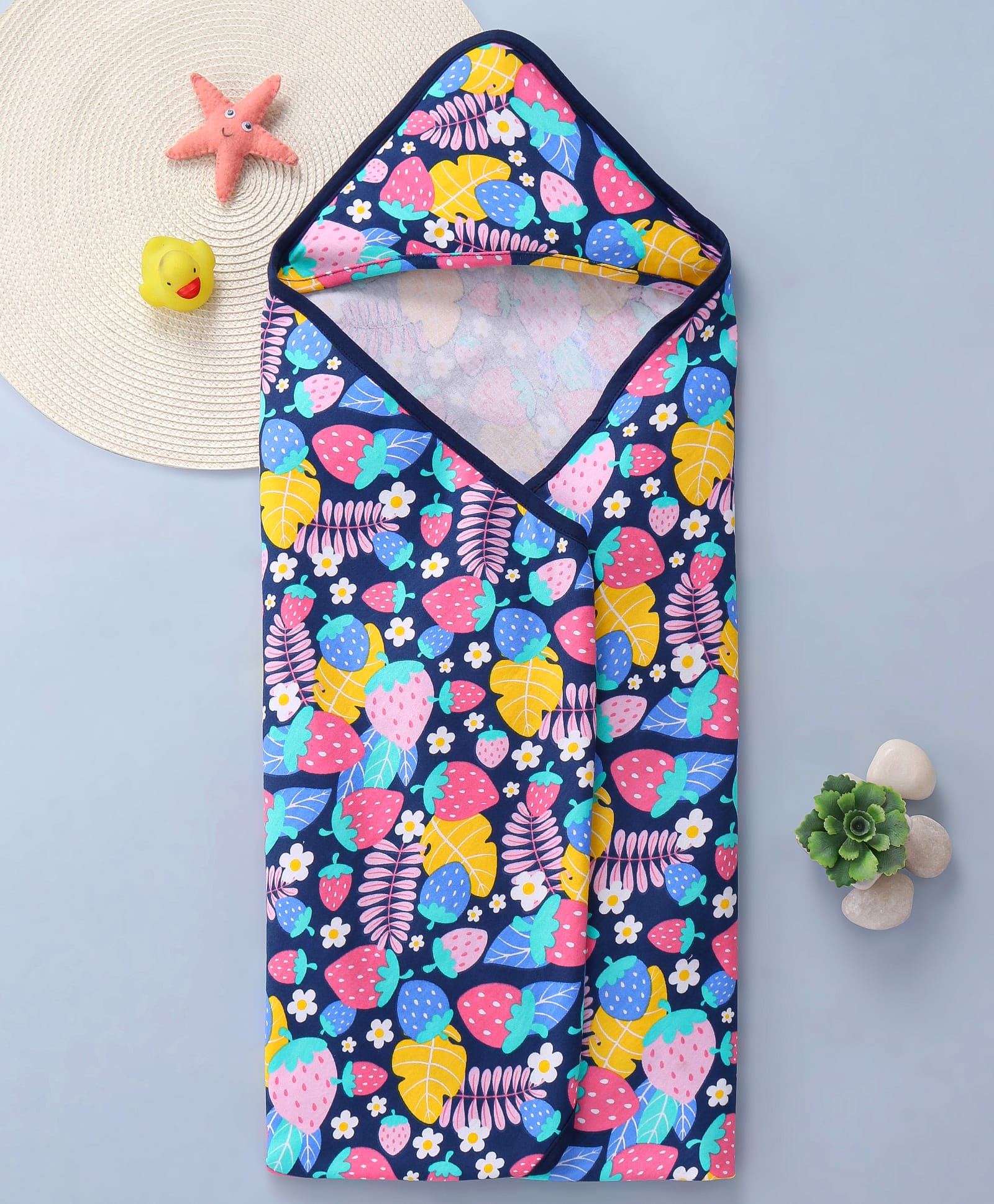 Babyhug Interlock Knit Hooded Towel With Tropical Print L 30 x B 30 cm - Navy Blue-picture-25