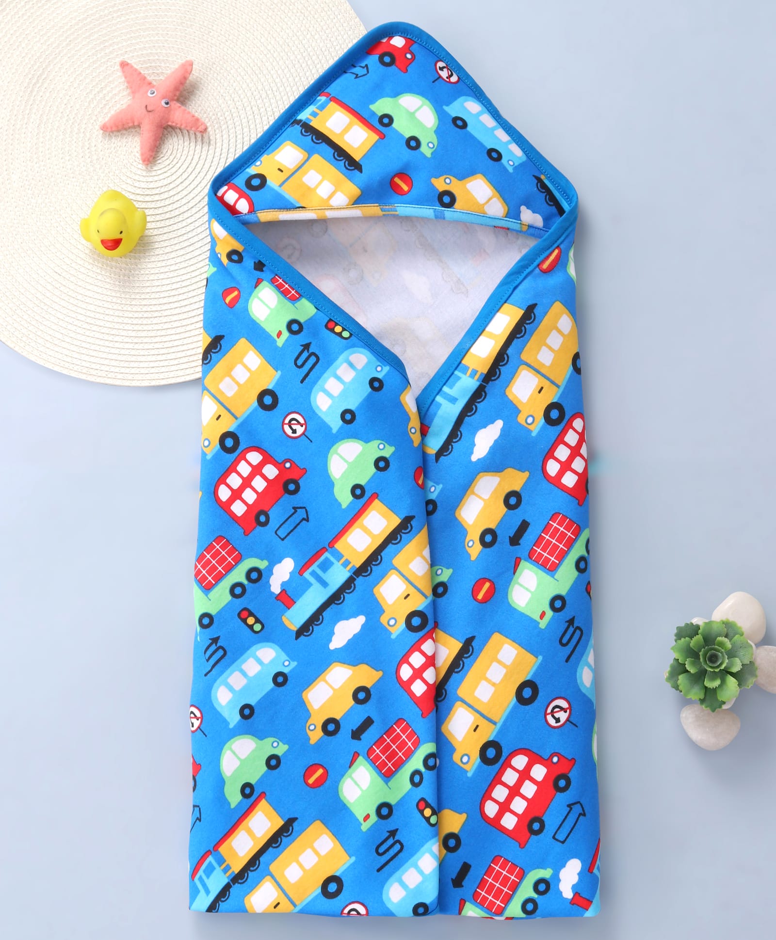 Babyhug Interlock Knit Hooded Towel With Vehicle Print L 30 x B 30 cm - Blue-image-3