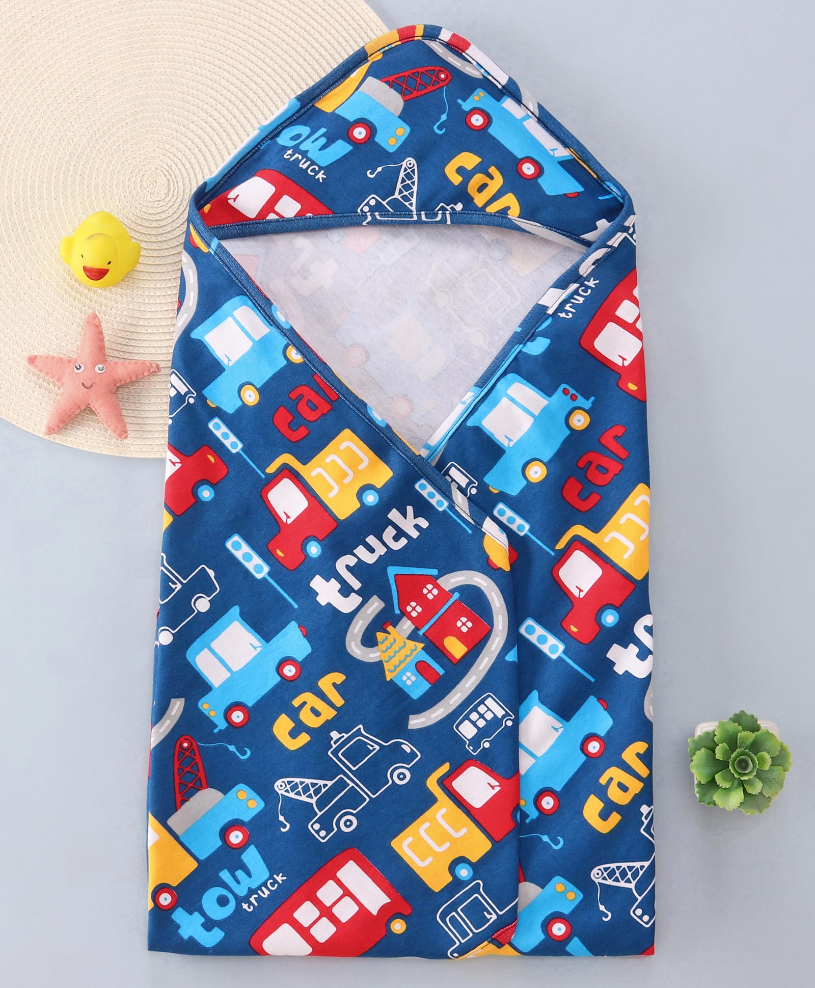 Babyhug Cotton Knit Hooded Wrapper with Vehicle Print L 76 x B 76 cm - Navy Blue-image-43