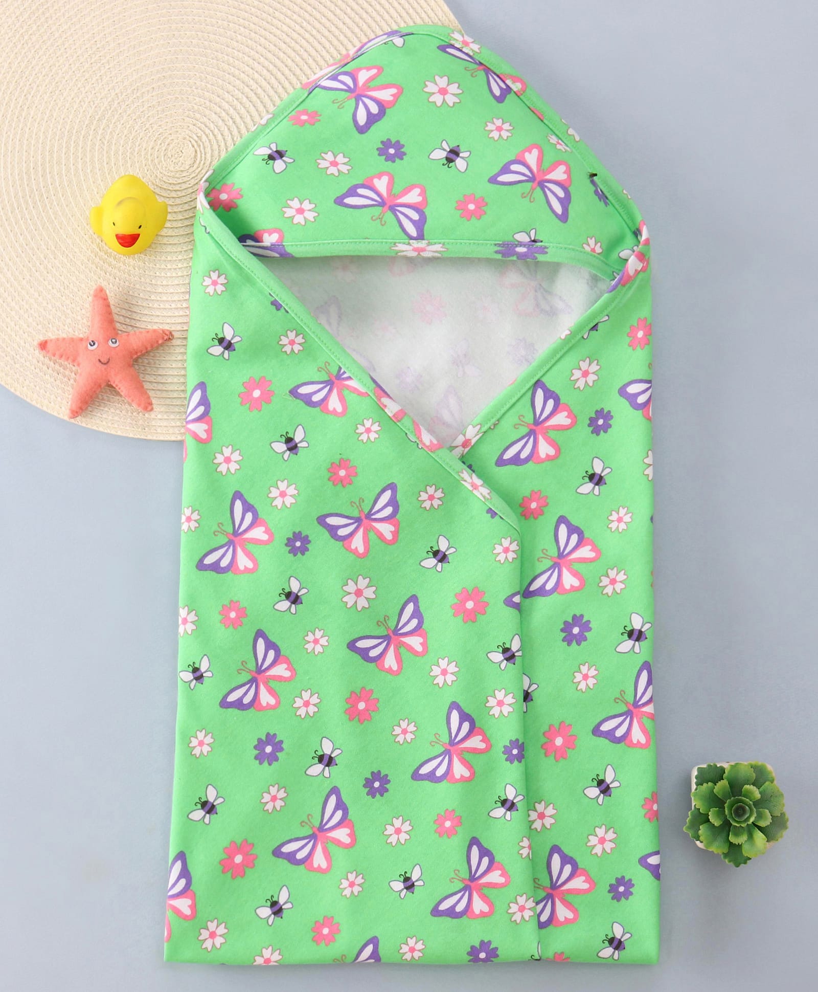 Babyhug Cotton Knit Hooded Wrapper with Butterfly Print L 76 x B 76 cm - Light Green-image-34