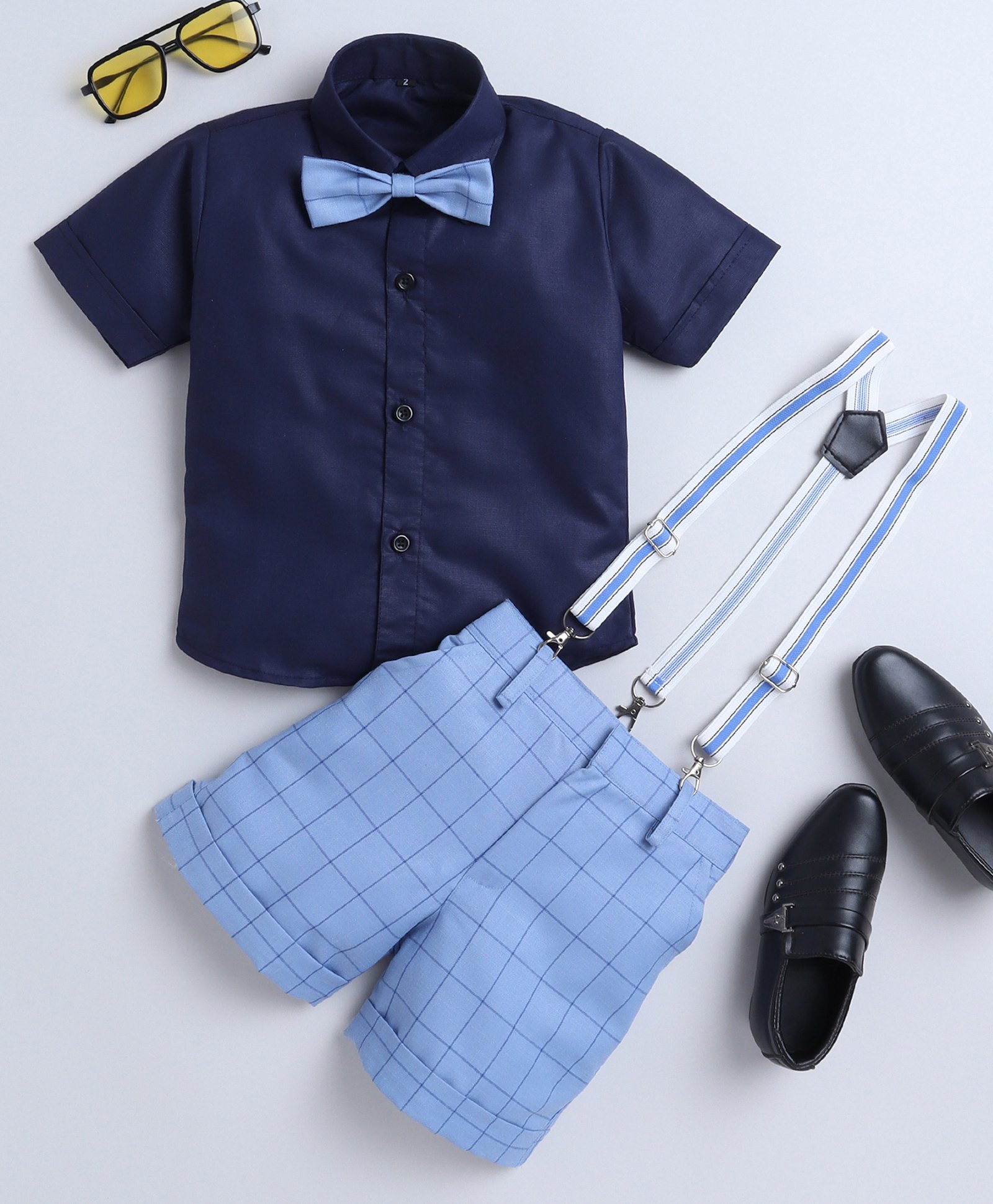 Jeet Ethnics Half Sleeves Solid Shirt With Checked Shorts Bow & Suspender Set - Blue-picture-34