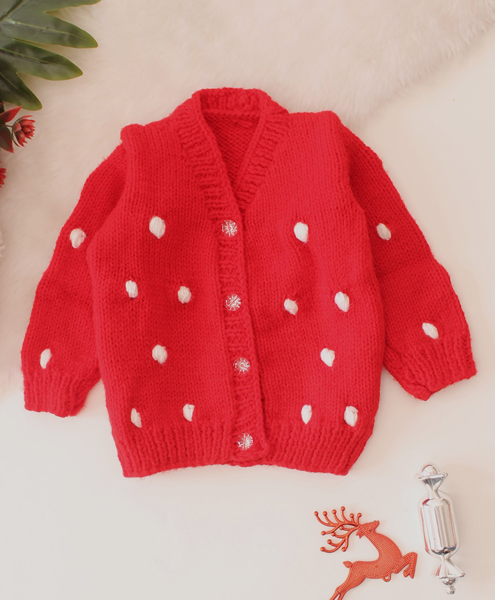 Woonie Christmas Theme Hand Knitted Snowfall Designed Cardigan - Red-image-32