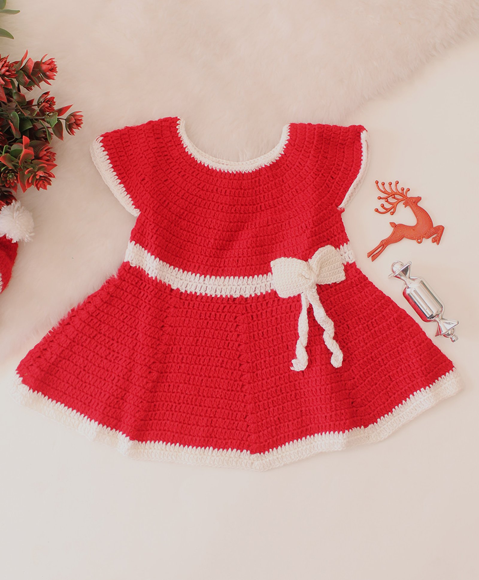 Woonie Christmas Theme Hand Knitted Half Sleeves Bow Designed Crochet Dress - Red-picture-28