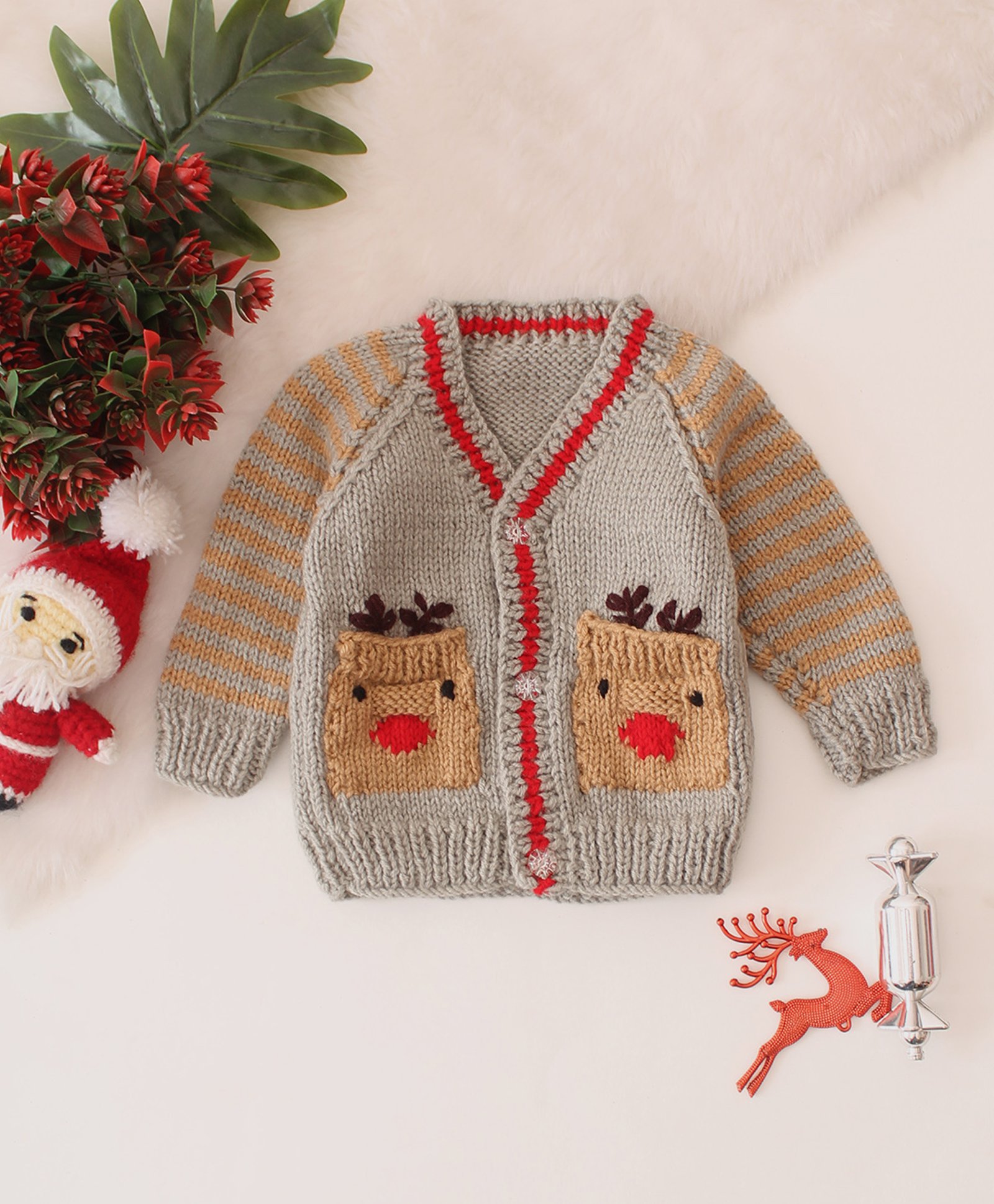 Woonie Christmas Theme Hand Knitted Full Sleeves Reindeer Designed Pockets Cardigan - Grey-image-35