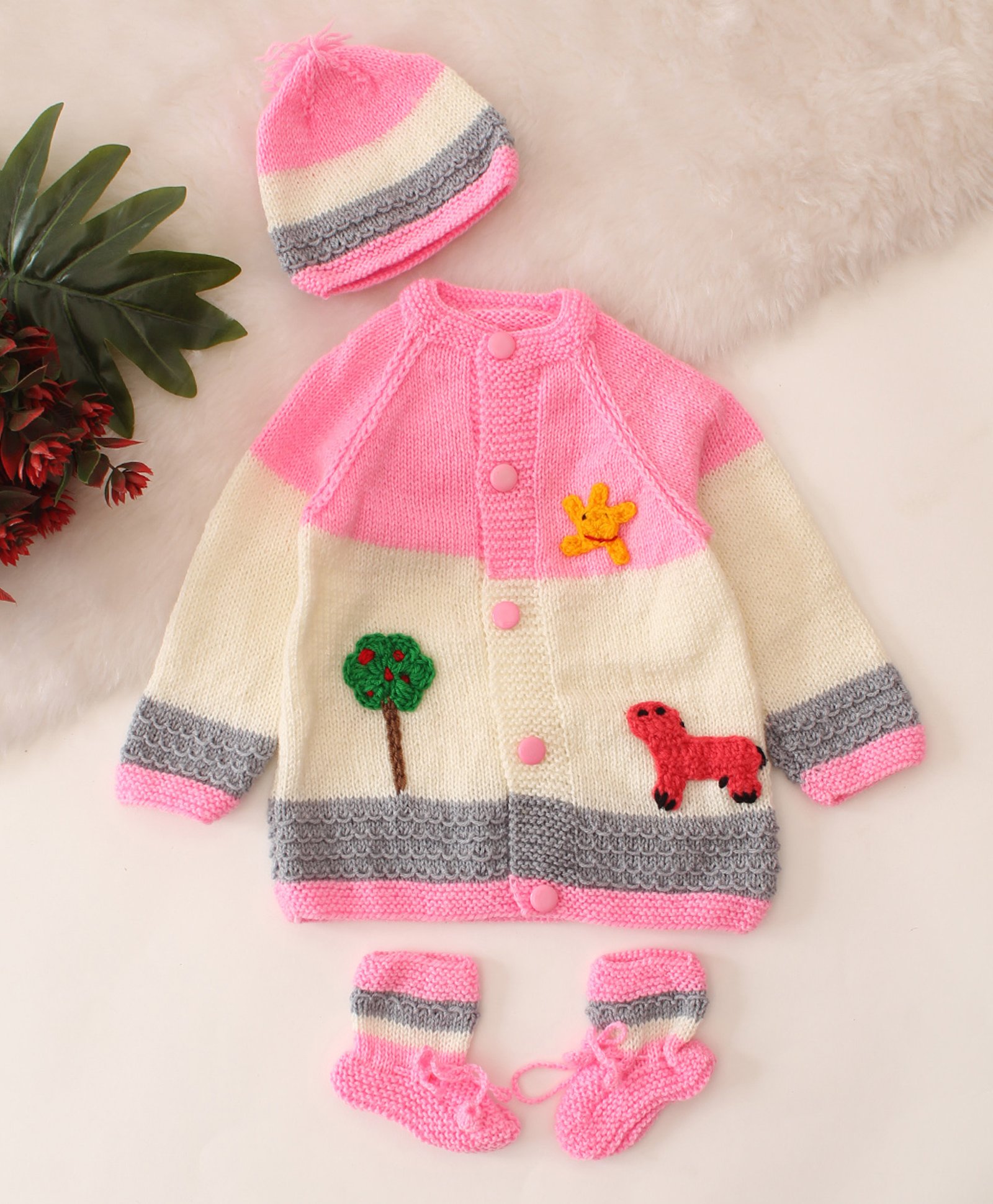 Woonie Hand KnittedFull Sleeves Farmland Designed Sweater With Cap & Socks Set - Pink-image-42