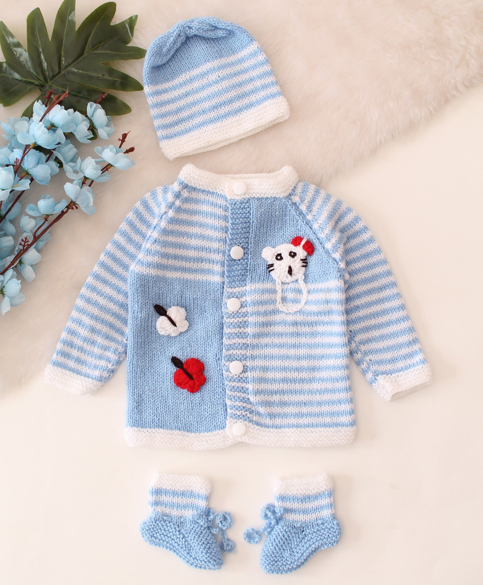 Woonie Hand Knitted Full Sleeves Striped & Butterfly Designed Cardigan Cap & Socks - Blue-image-7