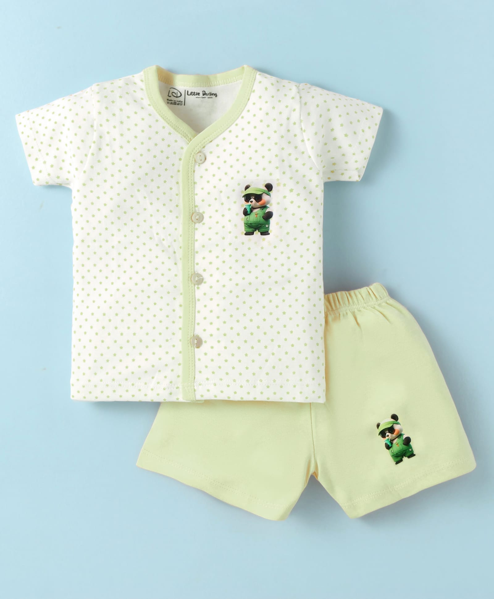 Little Darlings Interlock Knit Half Sleeves Shorts Night Suit with Polka Dots - Light Green & White-image-38