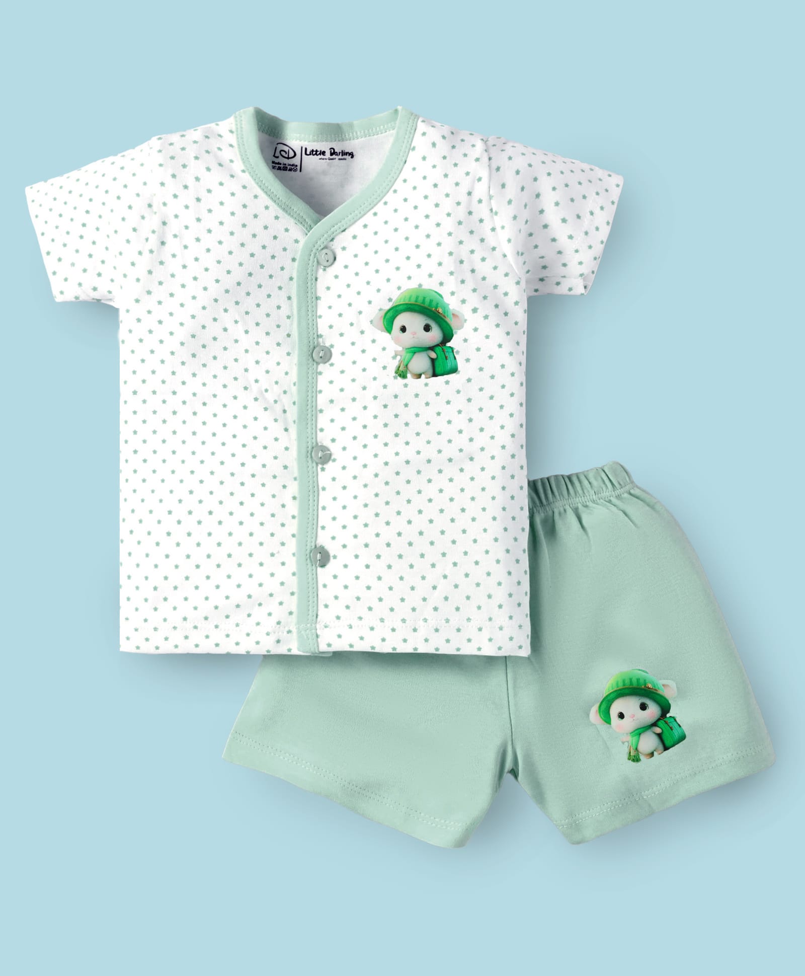 Little Darlings Interlock Knit Half Sleeves Shorts Night Suit with Polka Dots - Green & White-image-17