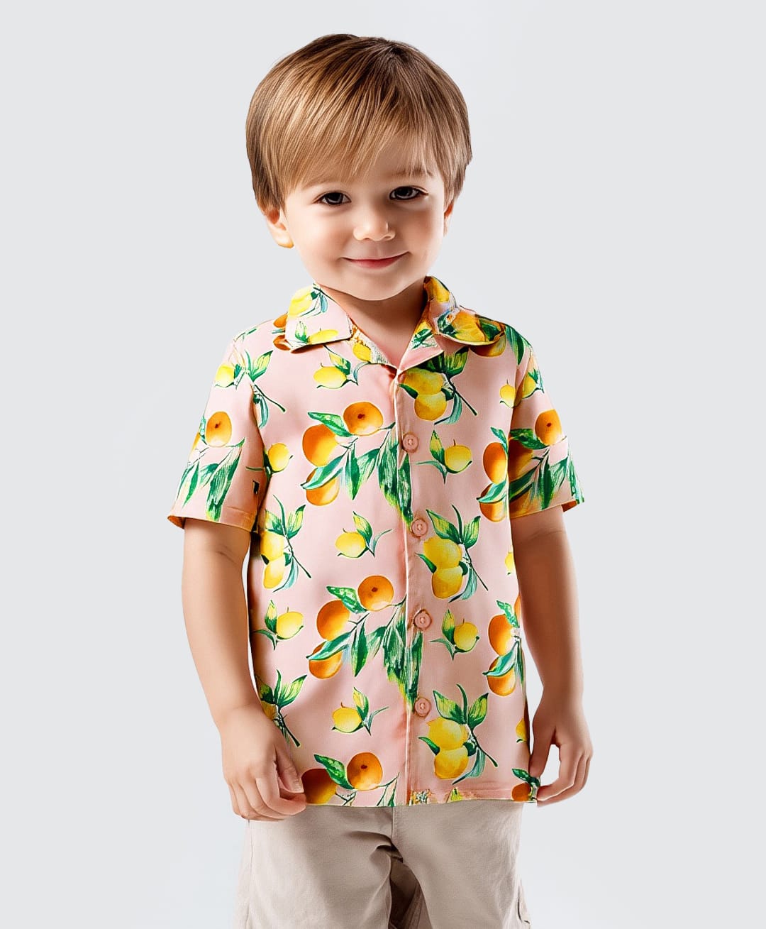 Bonfino Rayon Woven Half Sleeves Lemon Printed Oversized Resort Collar Shirt - Peach-image-36