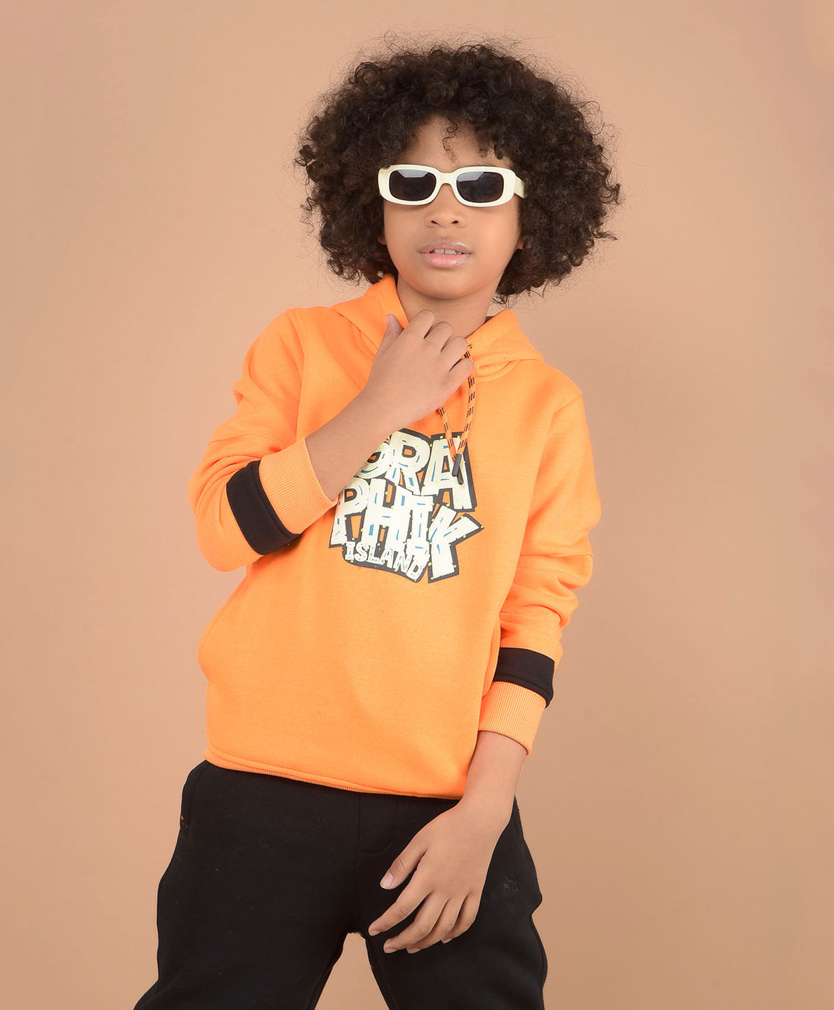 CRIMSOUNE CLUB Full Sleeves Graphik Island Text Printed Hooded Sweatshirt - Orange-image-25