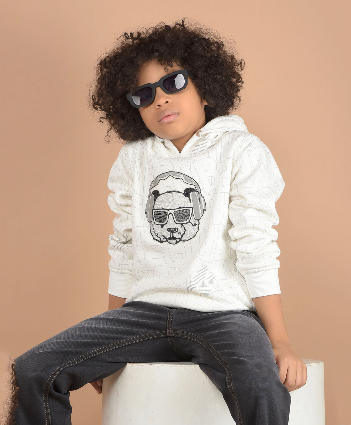 CRIMSOUNE CLUB Cotton Full Sleeves Dog Embroidered & Stone Embellished Hooded Sweatshirt - White-picture-12
