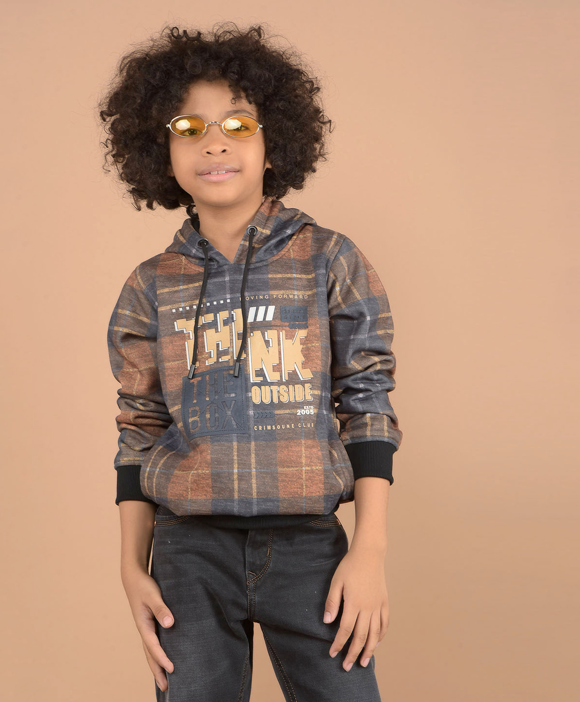 CRIMSOUNE CLUB Cotton Full Sleeves Think Outside The Box Text Printed Hooded Sweatshirt - Brown-image-32