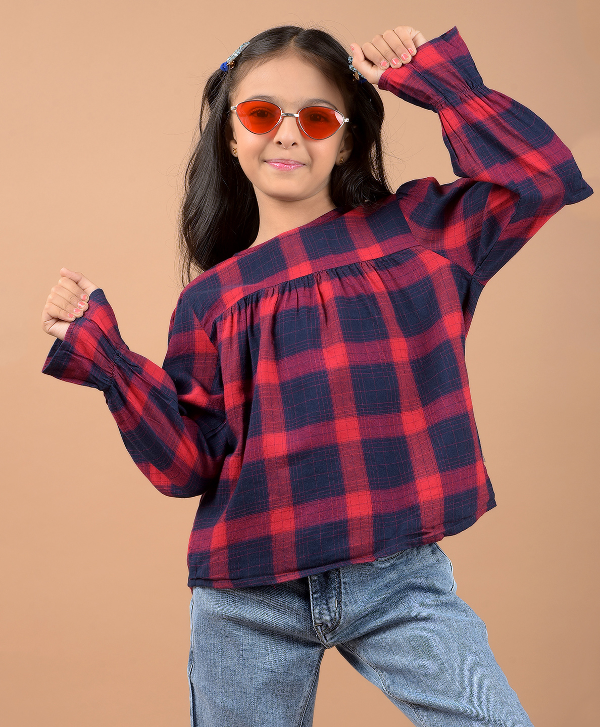 CRIMSOUNE CLUB Cotton Full Bell Sleeves Checked Top - Red-picture-41