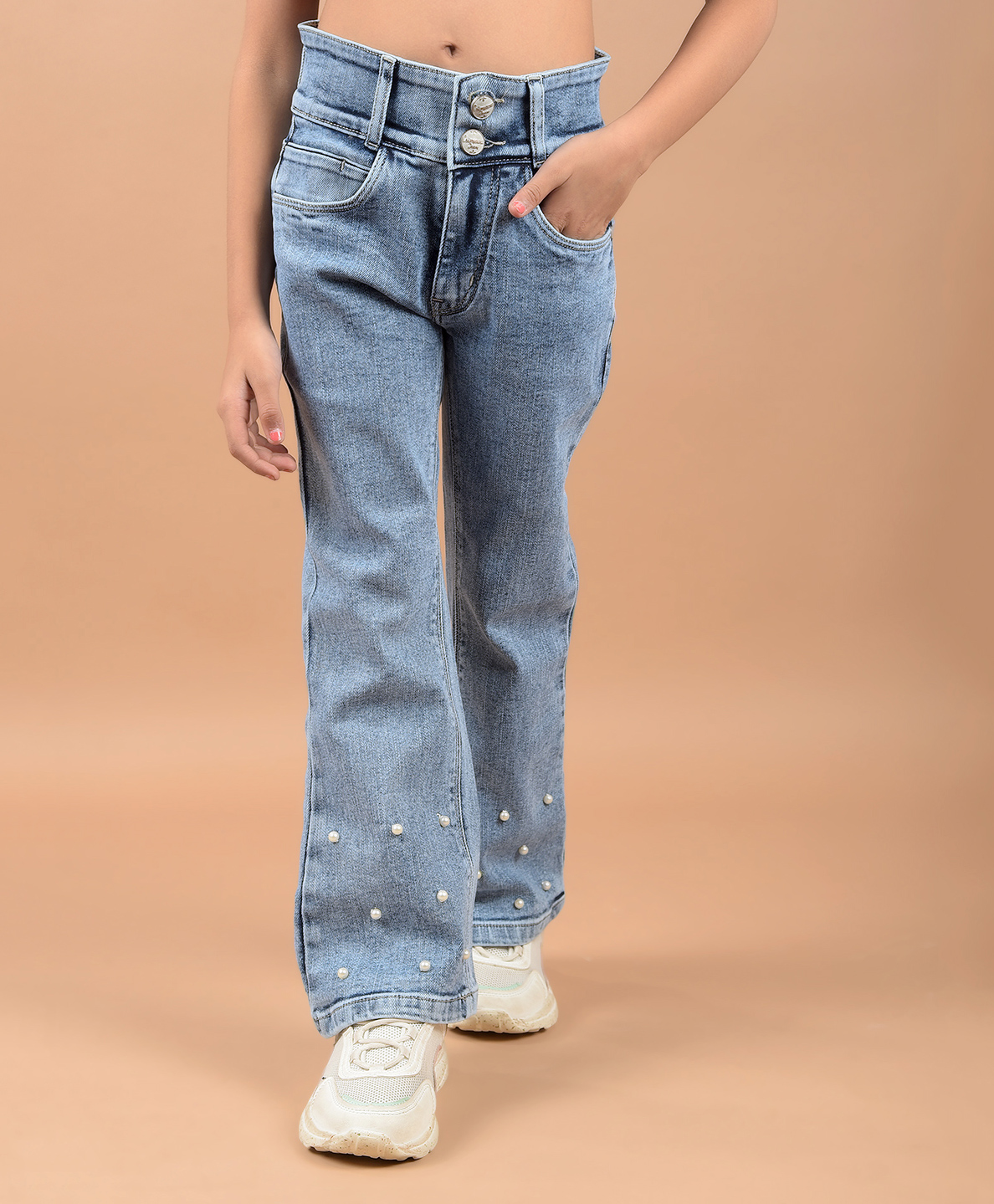 CRIMSOUNE CLUB Stone Embellished Bootcut High Waist Jeans - Blue-picture-25