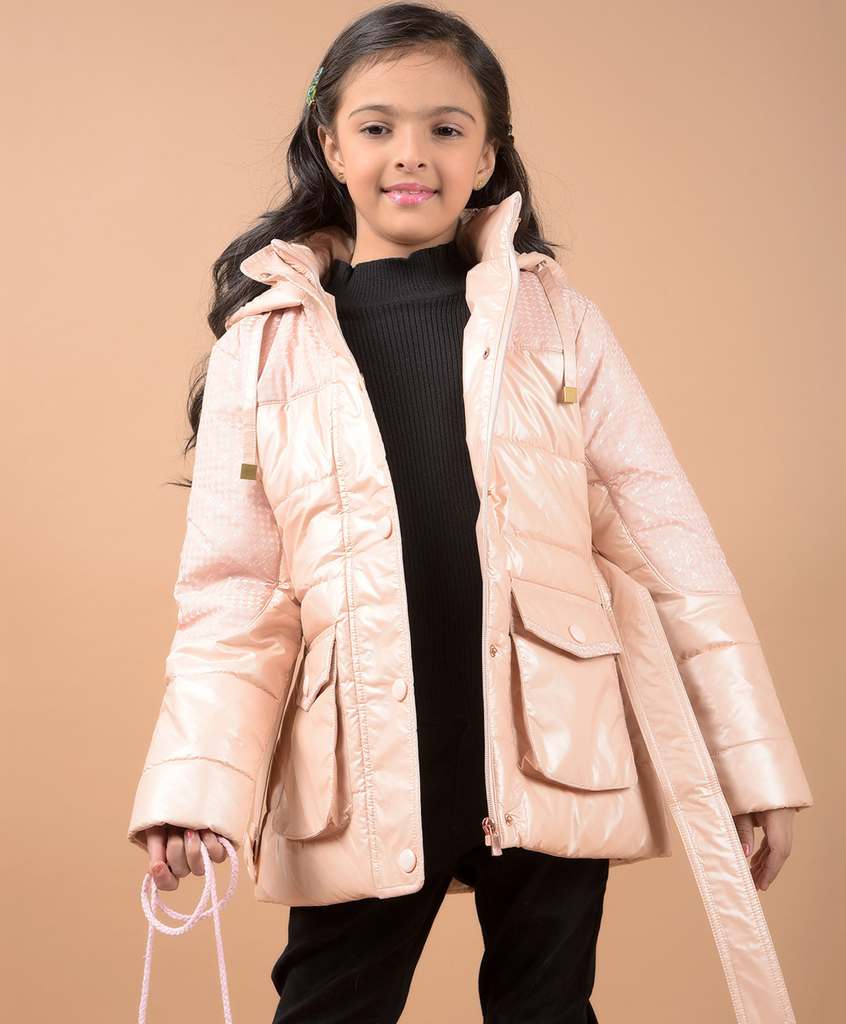 CRIMSOUNE CLUB Full Sleeves Houndstooth Designed Hooded Jacket - Peach-image-7