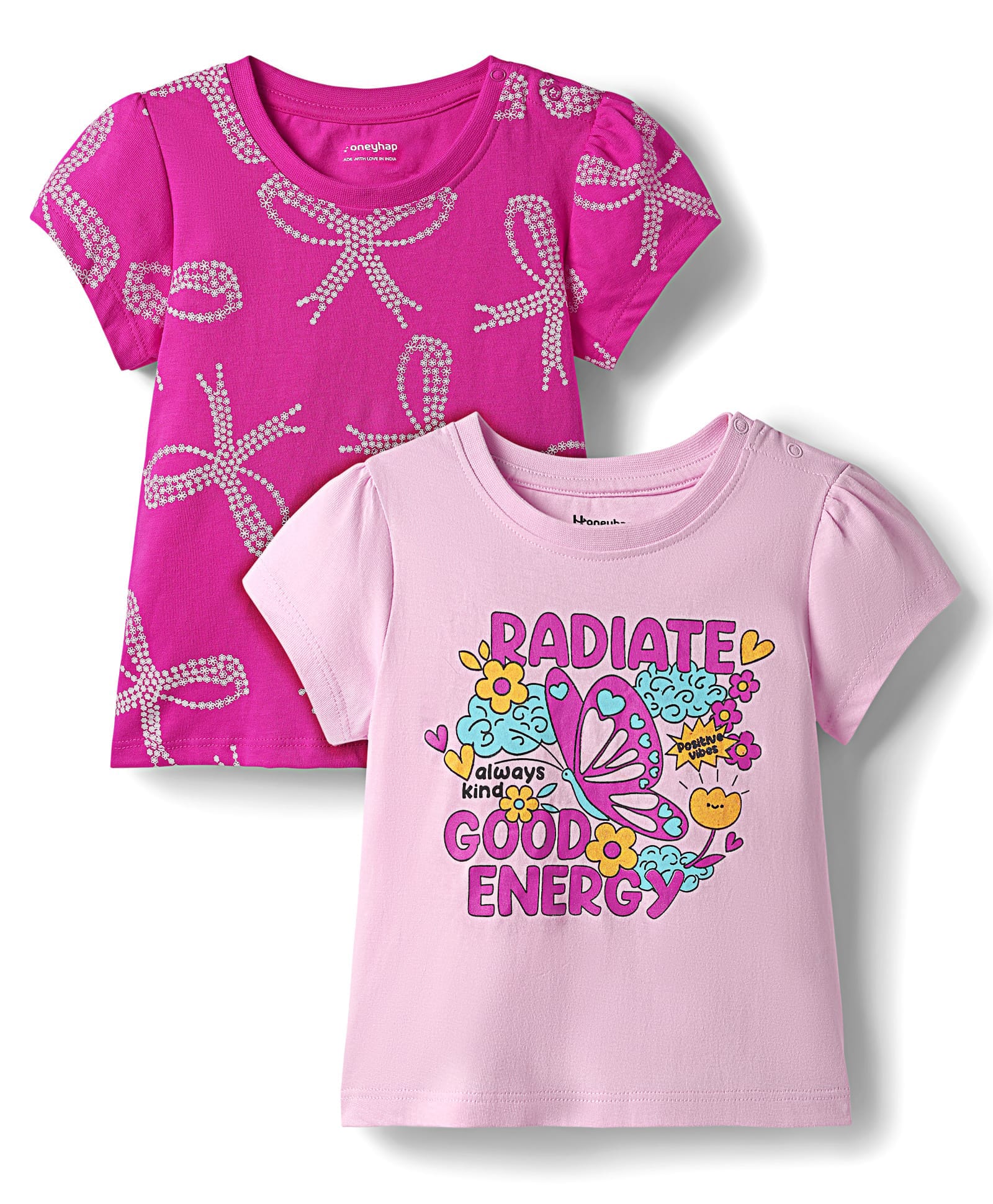 Honeyhap Cotton Knit Half Sleeves Tops With Radiate Good Energy Text Print Pack of 2 - Pink A Boo & Fiji Flower