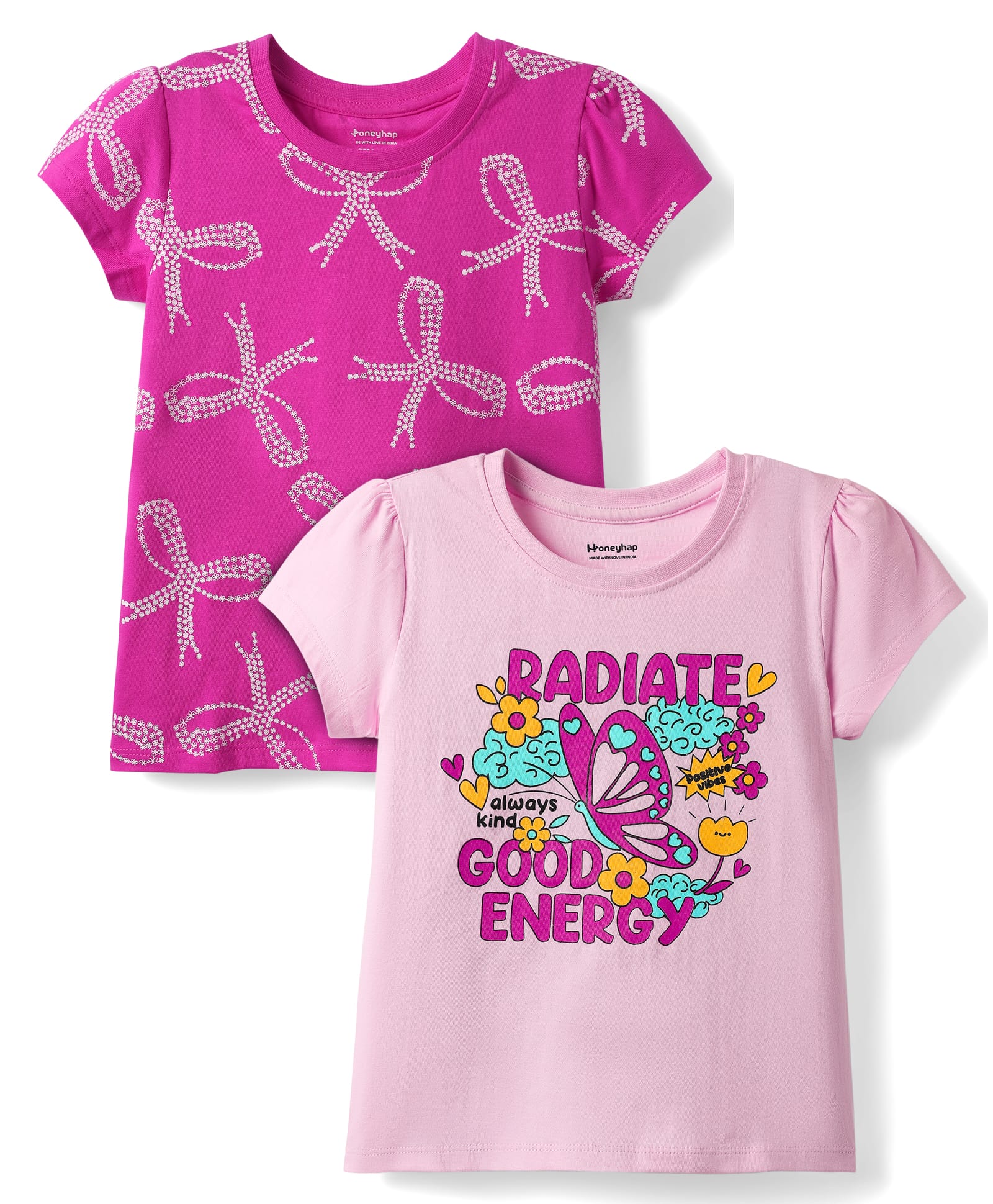 Honeyhap Cotton Knit Half Sleeves Tops With Radiate Good Energy Text Print Pack of 2 - Pink A Boo & Fiji Flower-picture-12