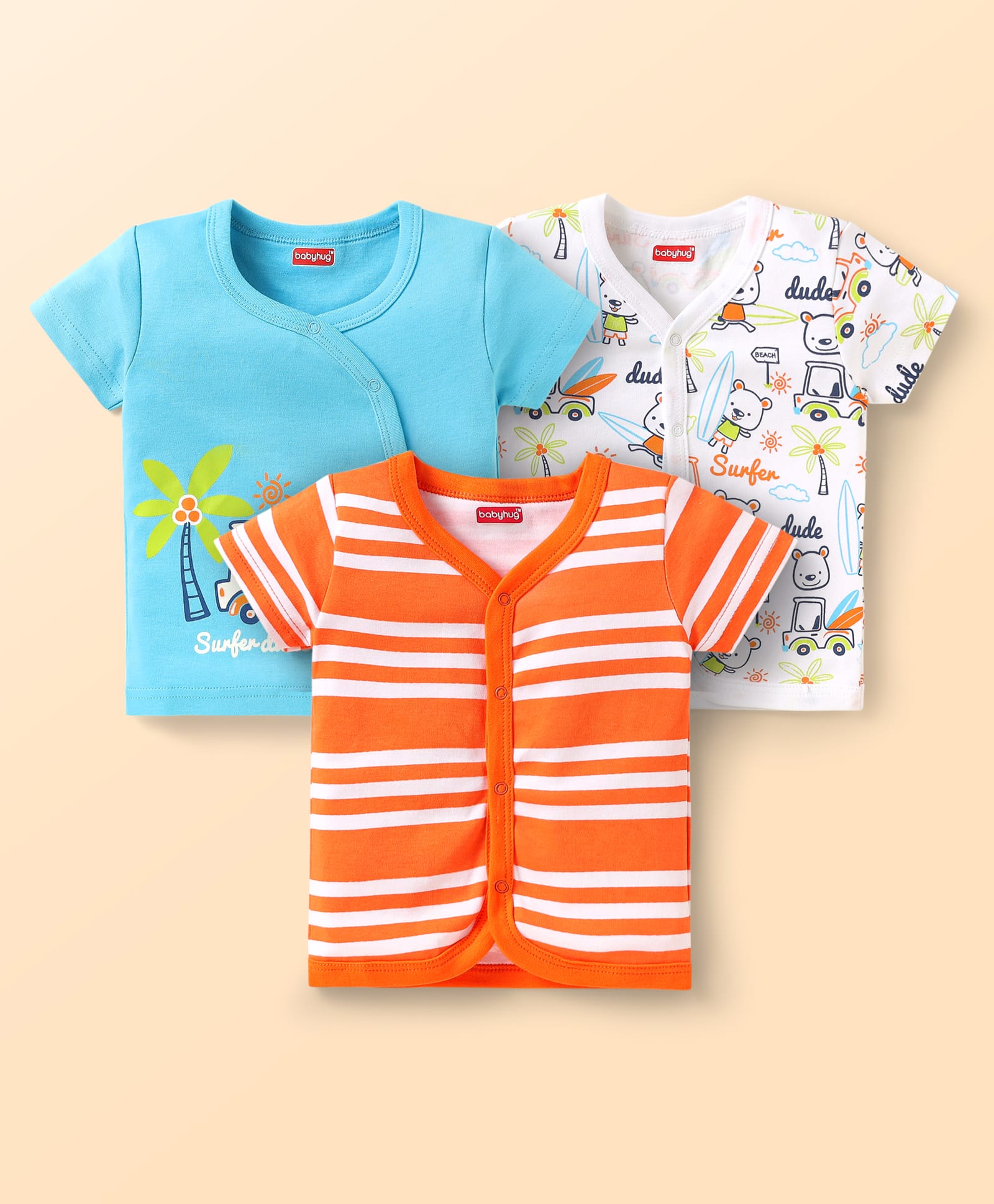 Babyhug Interlock Knit Front Open Half Sleeves Vests With Striped & Beach Theme Print Pack Of 3 - Orange White & Light Blue-picture-23