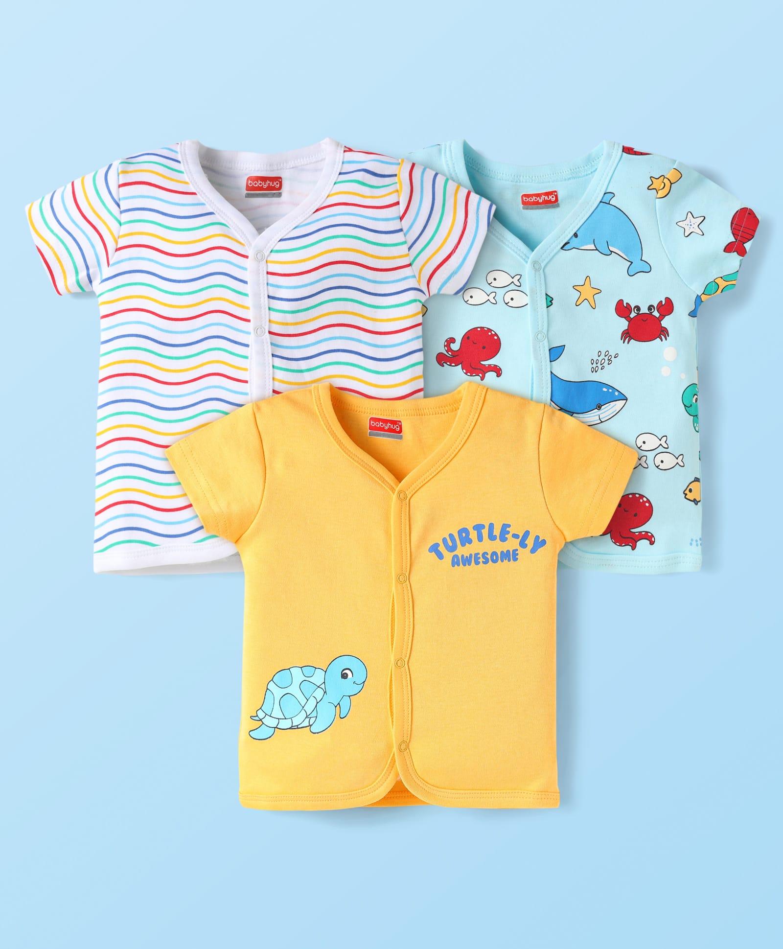 Babyhug Interlock Knit Half Sleeves Front Open Vests With Striped & Fish Print Pack Of 3 - Yellow White & Light Blue-picture-22